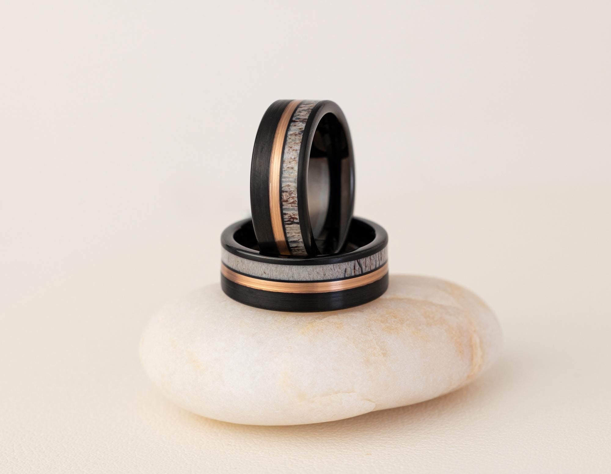 Deer Antler Ring, Black Tungsten Ring, Antler Black Tungsten Ring, Deer Wedding Band, Tungsten Ring for Men, 8mm Ring