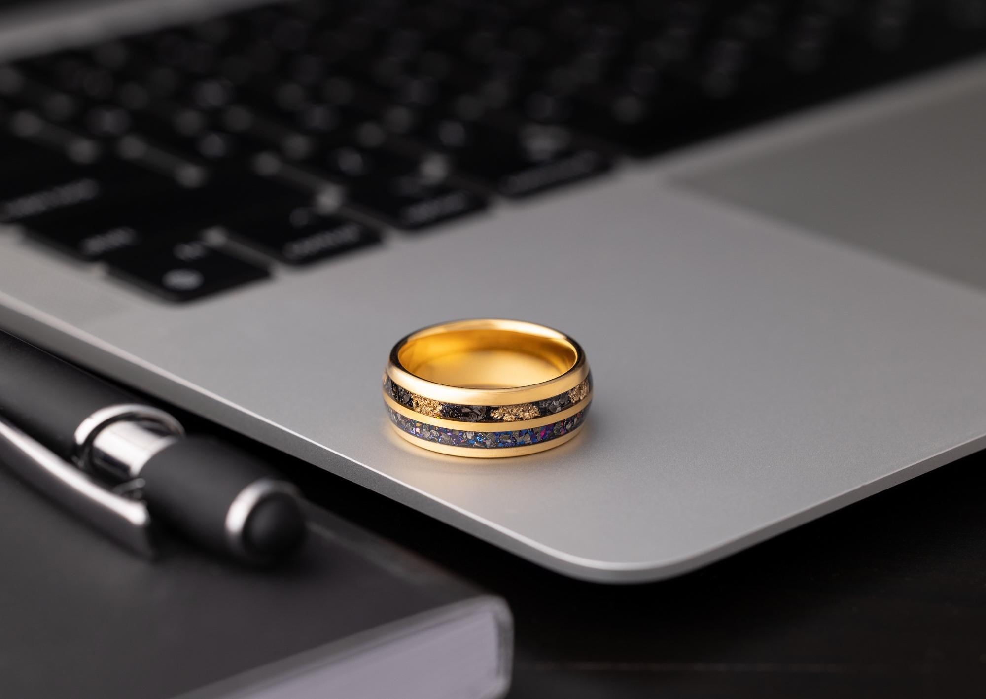 Galaxy & Meteorite Ring, Crushed Gold Leaf Ring, Man Wedding Band, Space Galaxy and Meteorite Band, Blue Galaxy Gold Leaf Band, 8mm Ring