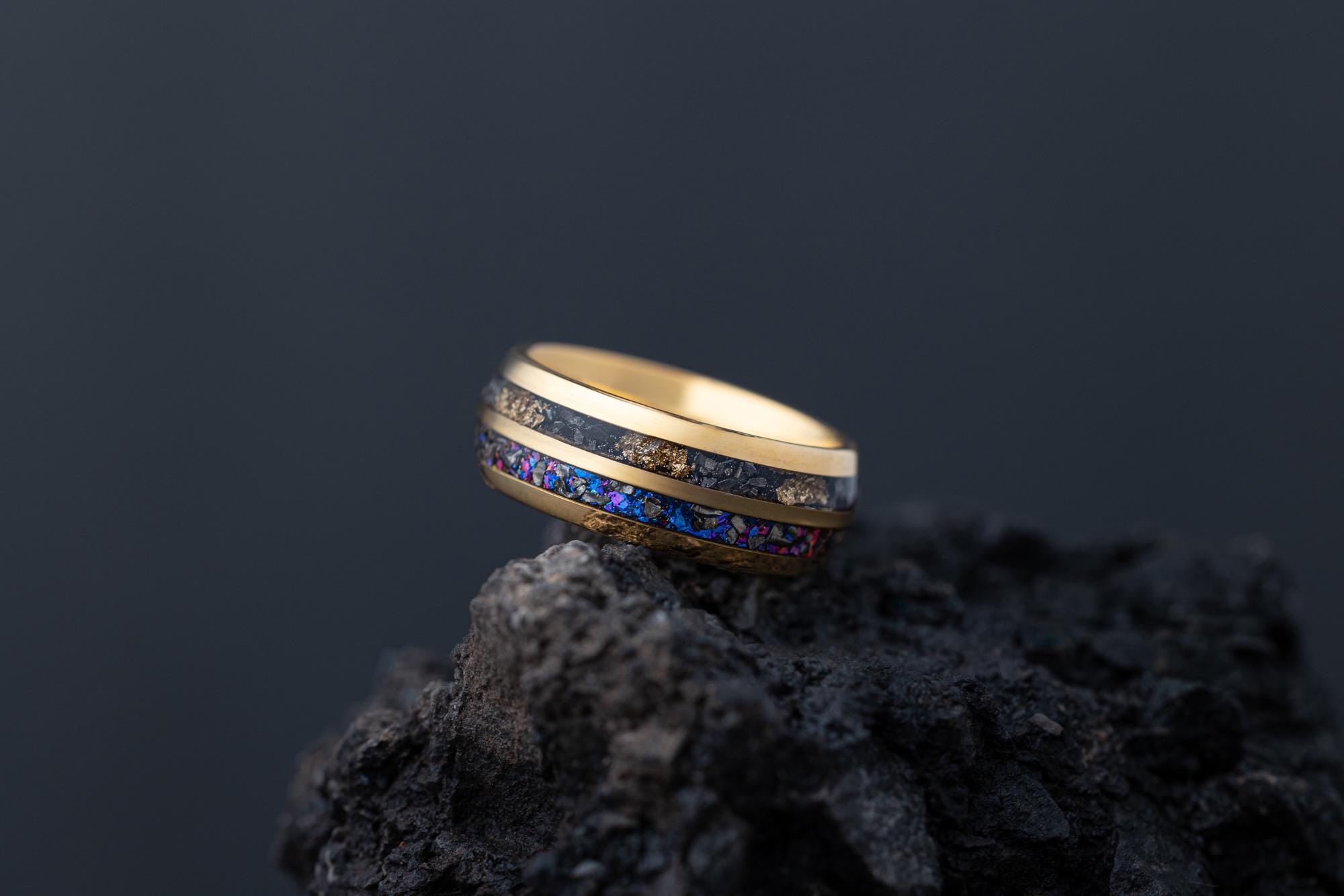 Galaxy & Meteorite Ring, Crushed Gold Leaf Ring, Man Wedding Band, Space Galaxy and Meteorite Band, Blue Galaxy Gold Leaf Band, 8mm Ring