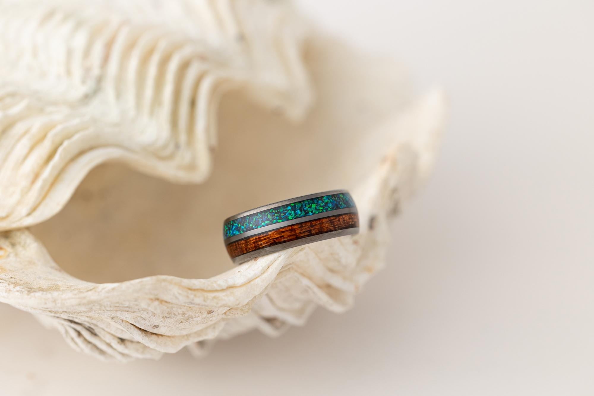 Green Opal & Rosewood Ring, Wood Band, Green Opal Band, Green Opal, Wood Band, Tungsten Ring For Men, Wedding Band, 8mm