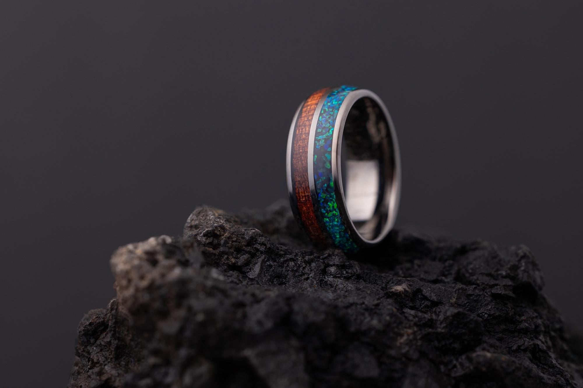 Green Opal & Rosewood Ring, Wood Band, Green Opal Band, Green Opal, Wood Band, Tungsten Ring For Men, Wedding Band, 8mm