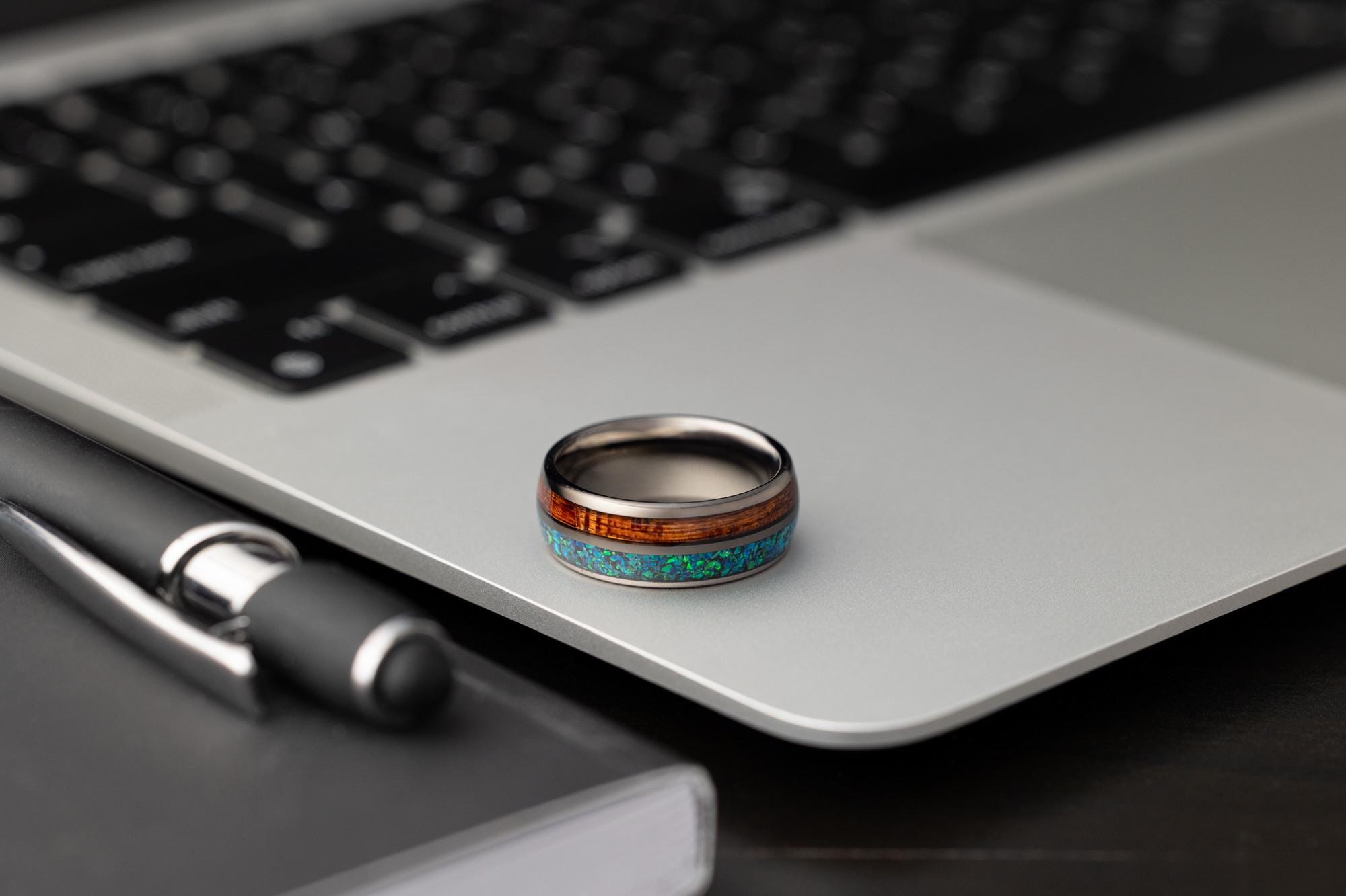 Green Opal & Rosewood Ring, Wood Band, Green Opal Band, Green Opal, Wood Band, Tungsten Ring For Men, Wedding Band, 8mm