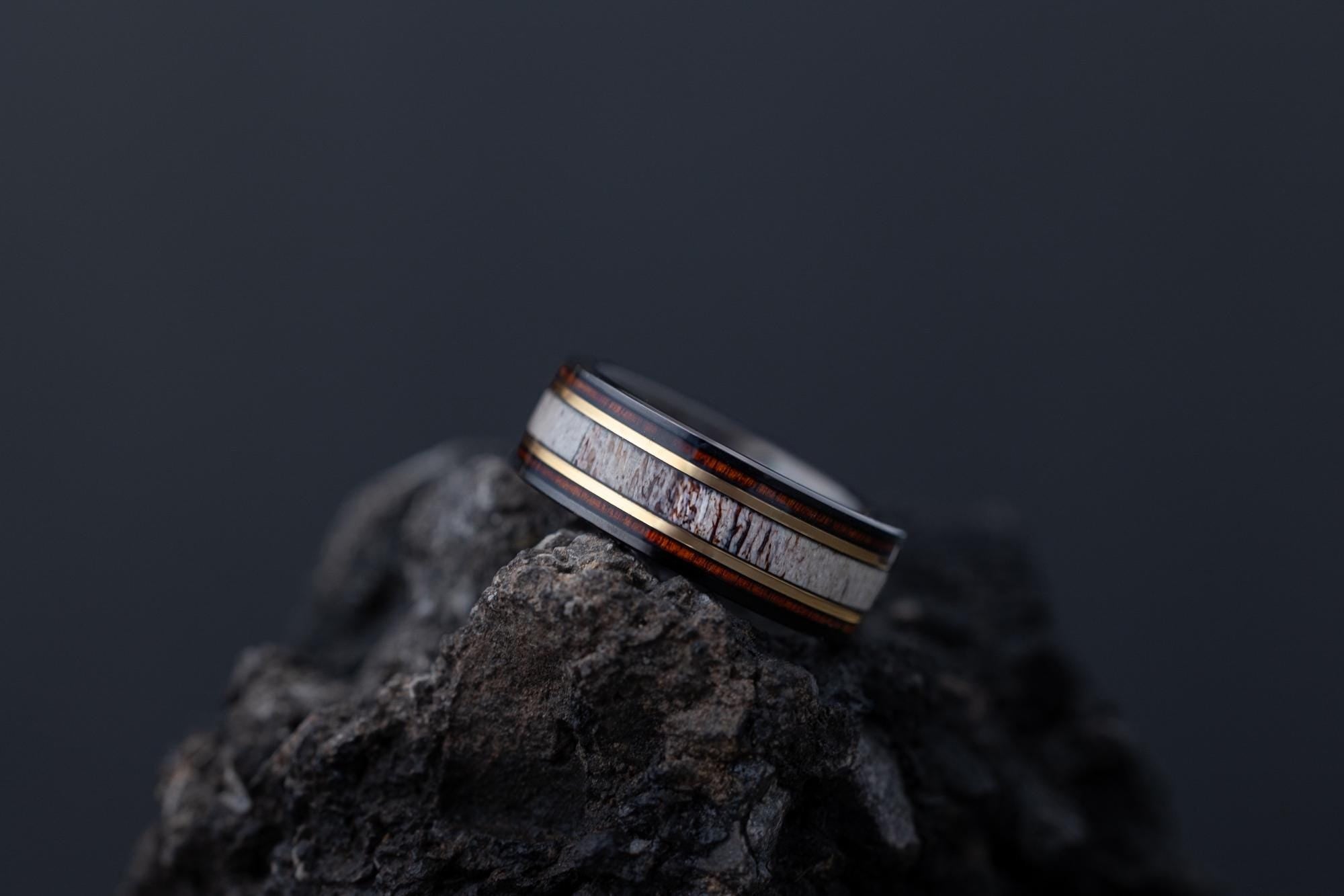 Whiskey Barrel Ring, Deer Antler Band, Moose Antler Ring, Antler and Wood Ring, Whisky Barrel Band, Wood Antler Ring, Mens Wedding Band, 8mm