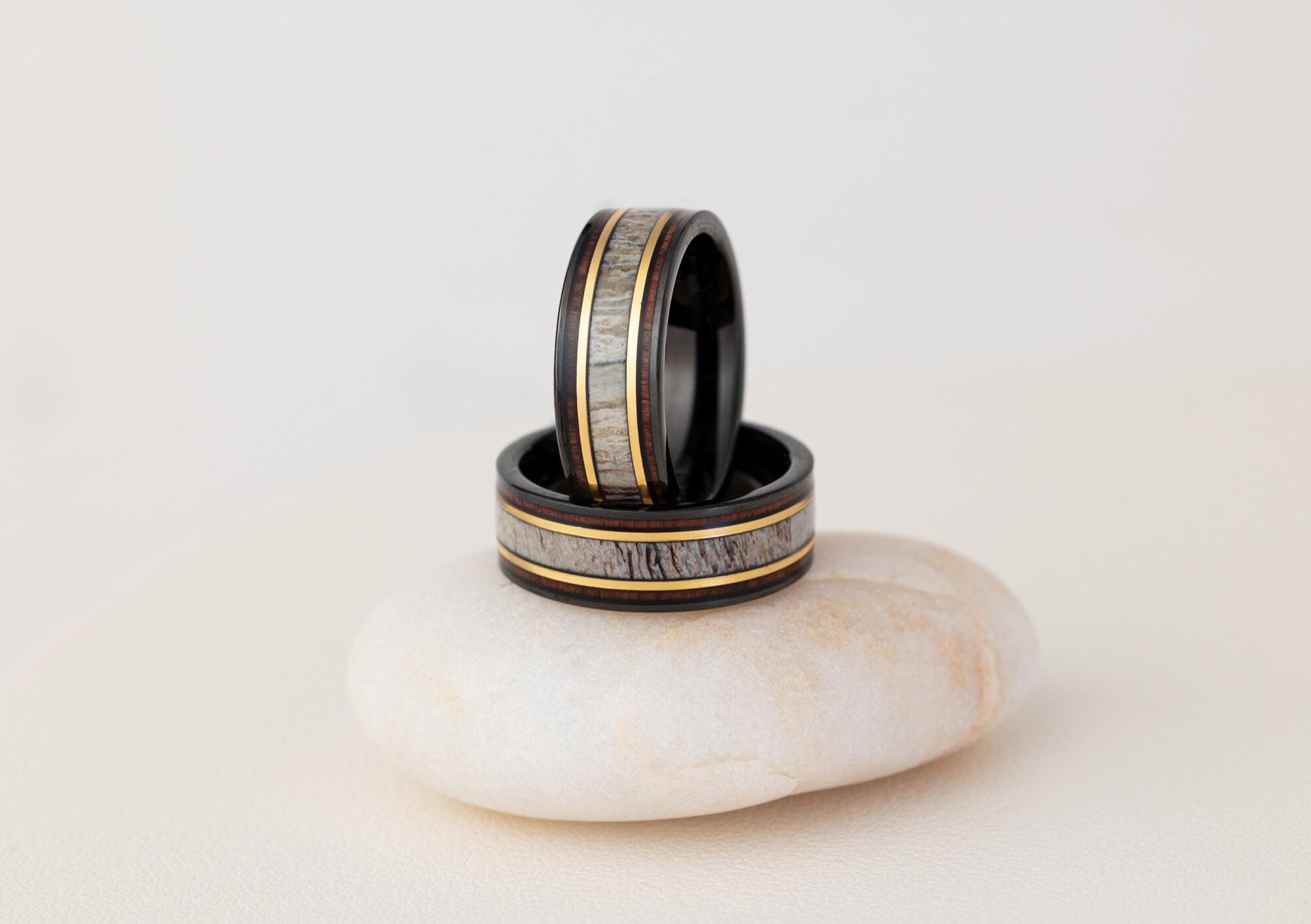 Whiskey Barrel Ring, Deer Antler Band, Moose Antler Ring, Antler and Wood Ring, Whisky Barrel Band, Wood Antler Ring, Mens Wedding Band, 8mm