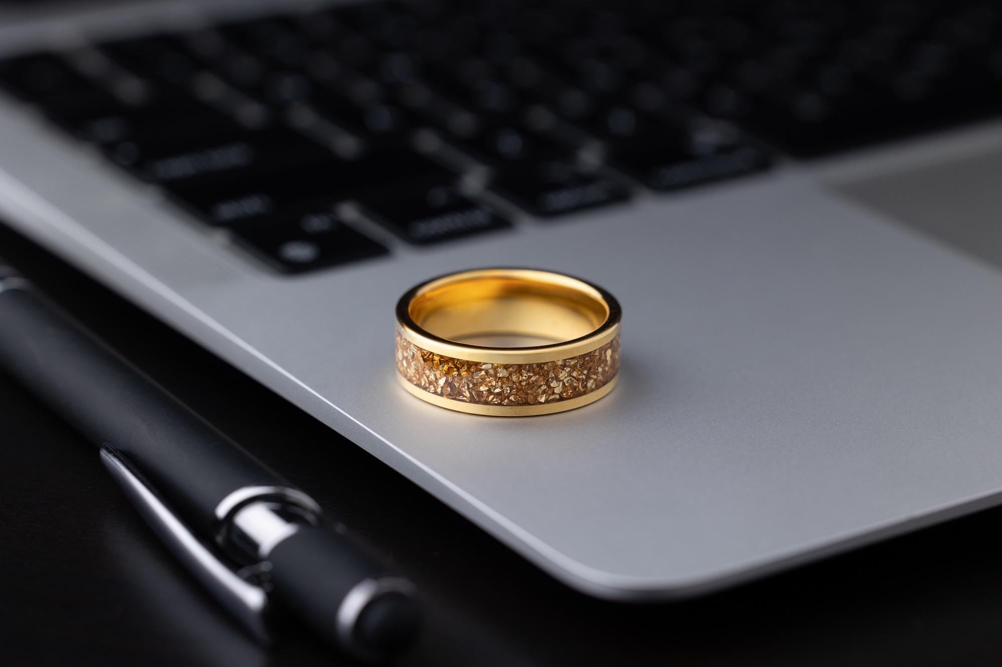 24K Gold Ring, Meteorite Ring, Wedding Band, Meteorite Tungsten Ring, Meteorite Band, Handmade Ring, Wedding Band, Ring for Men, Ring, 8mm