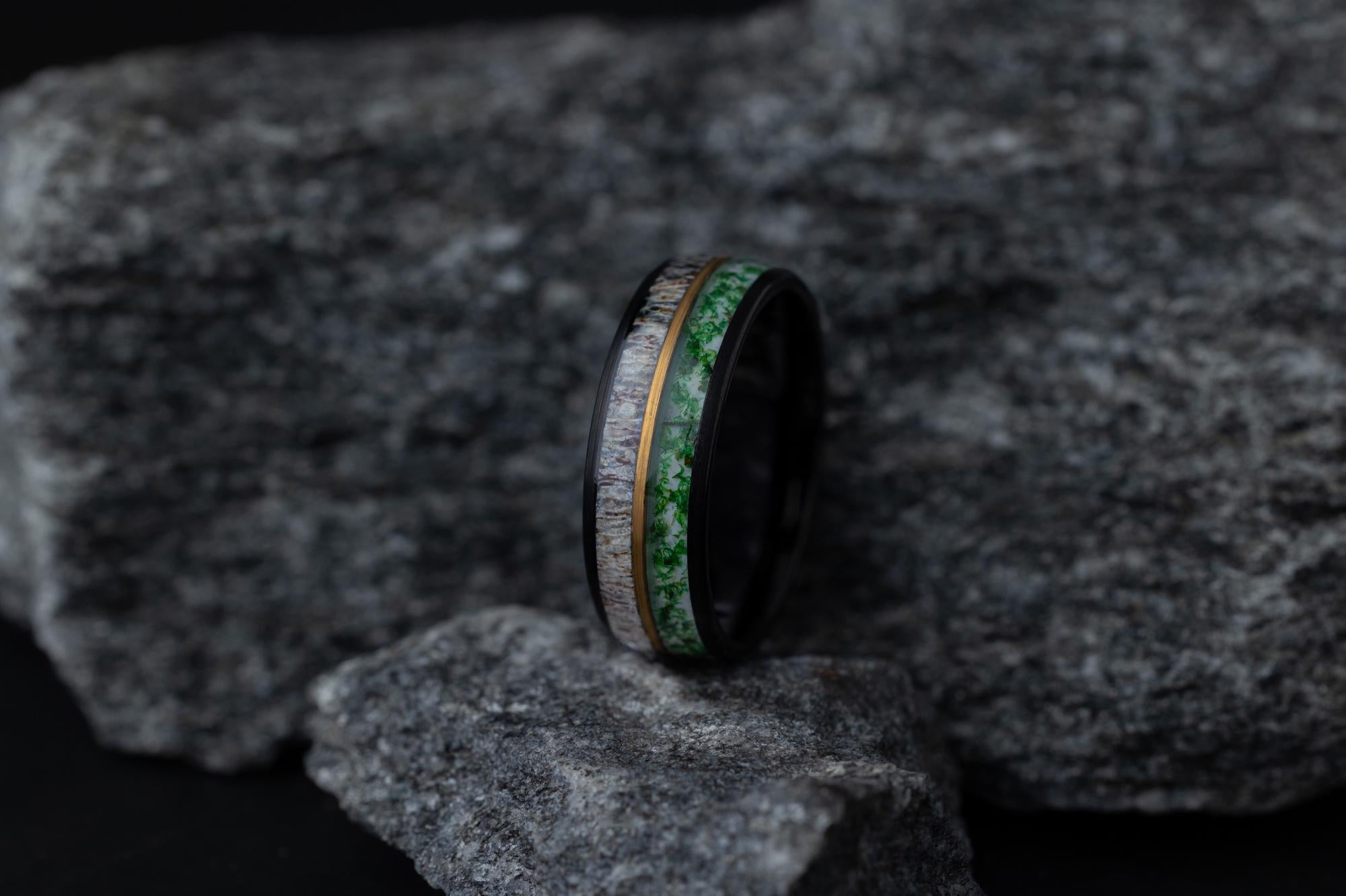 Moss Agate Band, Deer Antler Ring, Moss Agate Antler Ring, Deer Antler Ring, Tungsten Ring, Moss Agate and Antler Ring, Wedding Band, 8mm