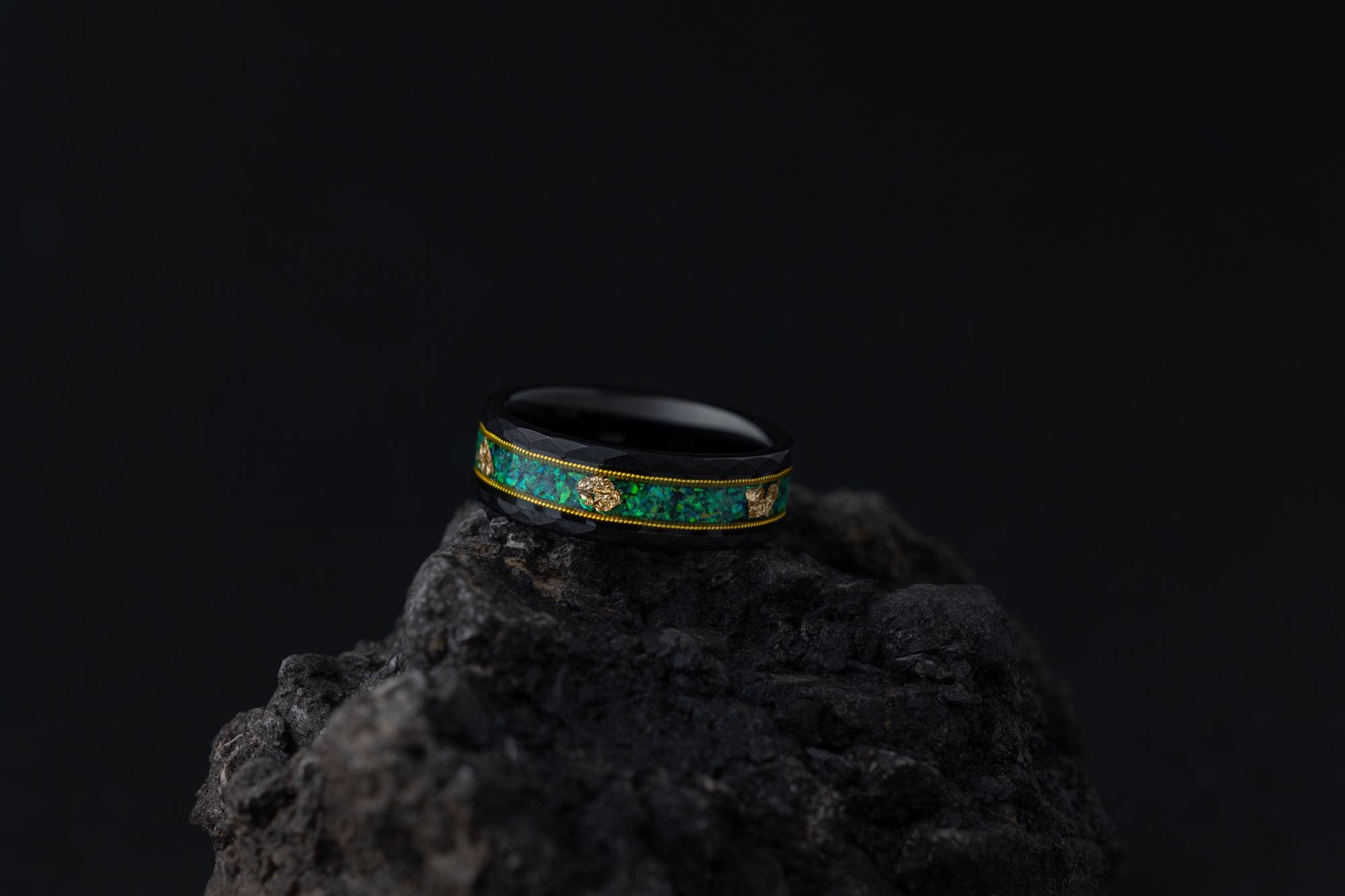 Green Opal & Guitar String Ring, Green Opal Ring, Gold Leaf Ring, Green Opal Tungsten Carbide Ring, Guitar Ring, Wedding Band, 8mm