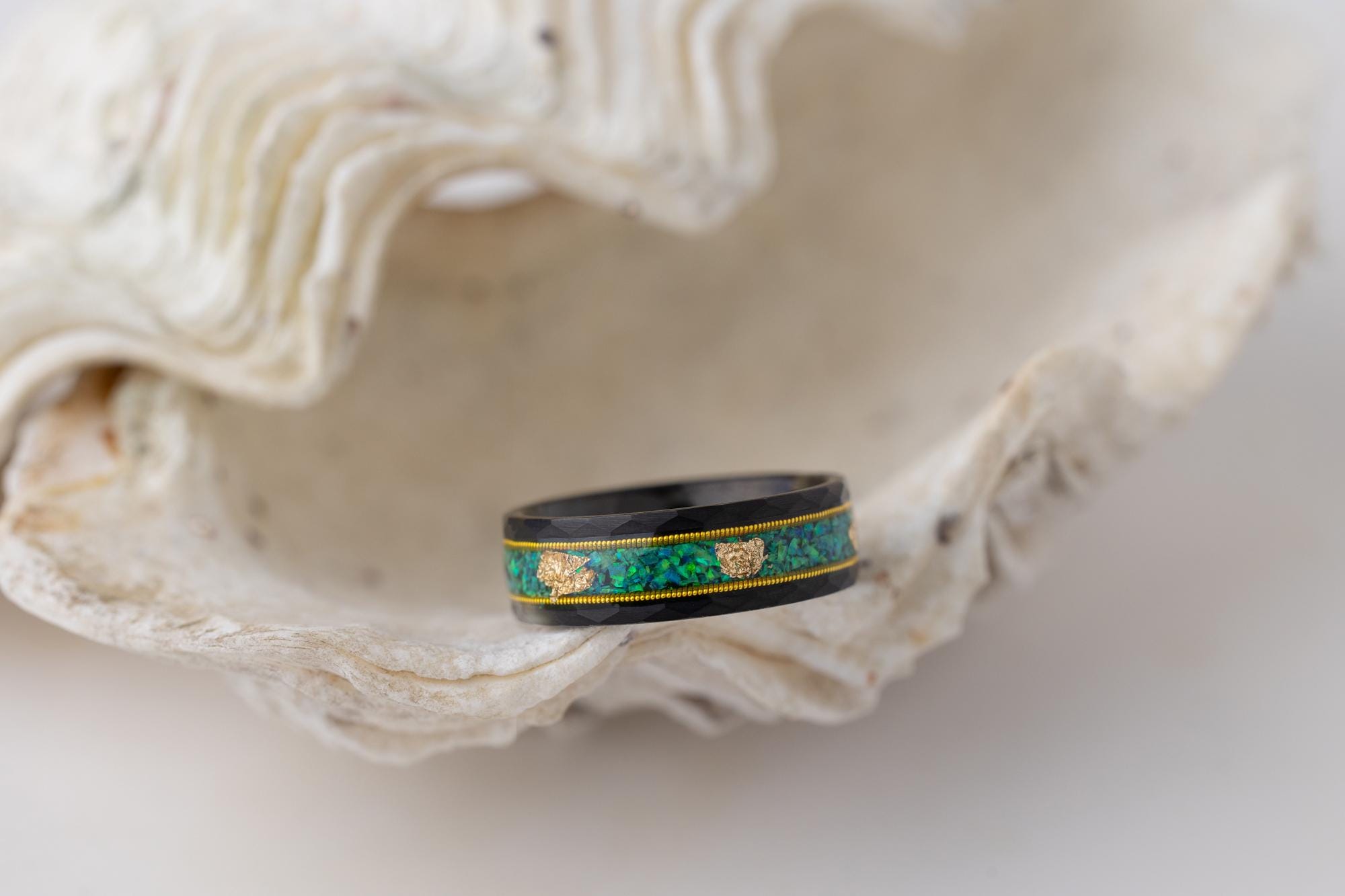 Green Opal & Guitar String Ring, Green Opal Ring, Gold Leaf Ring, Green Opal Tungsten Carbide Ring, Guitar Ring, Wedding Band, 8mm