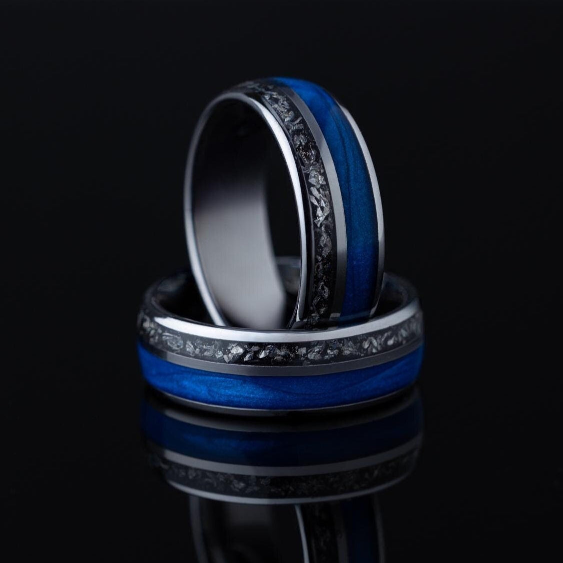 Blue Silver Meteorite Ring, Meteorite Ring, Engagement Ring, Meteorite Tungsten Carbide, Blue Sandstone Band, Wedding Band, Mens Rings, 8mm