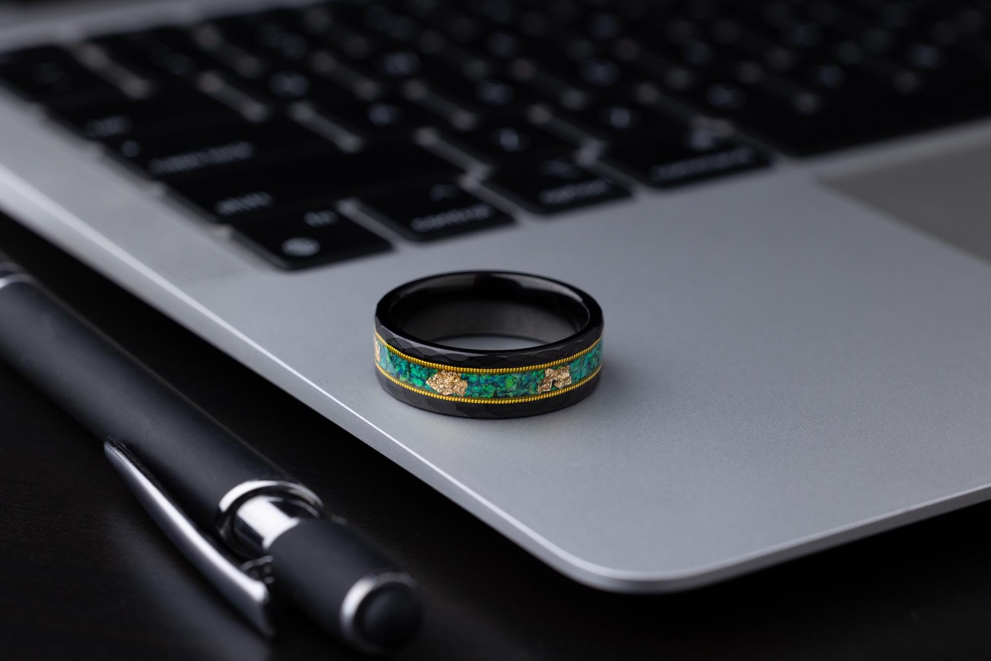 Green Opal & Guitar String Ring, Green Opal Ring, Gold Leaf Ring, Green Opal Tungsten Carbide Ring, Guitar Ring, Wedding Band, 8mm