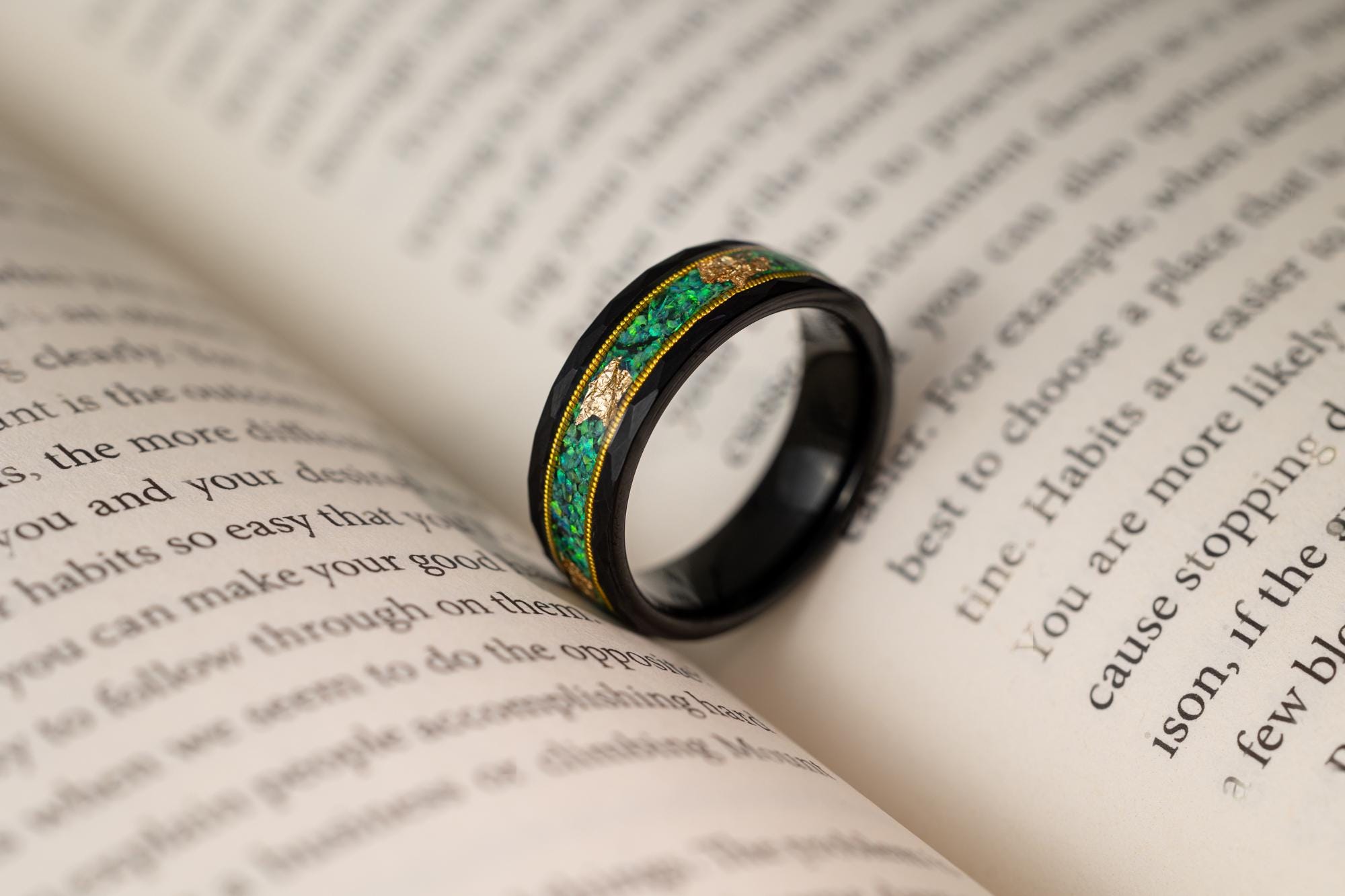 Green Opal & Guitar String Ring, Green Opal Ring, Gold Leaf Ring, Green Opal Tungsten Carbide Ring, Guitar Ring, Wedding Band, 8mm