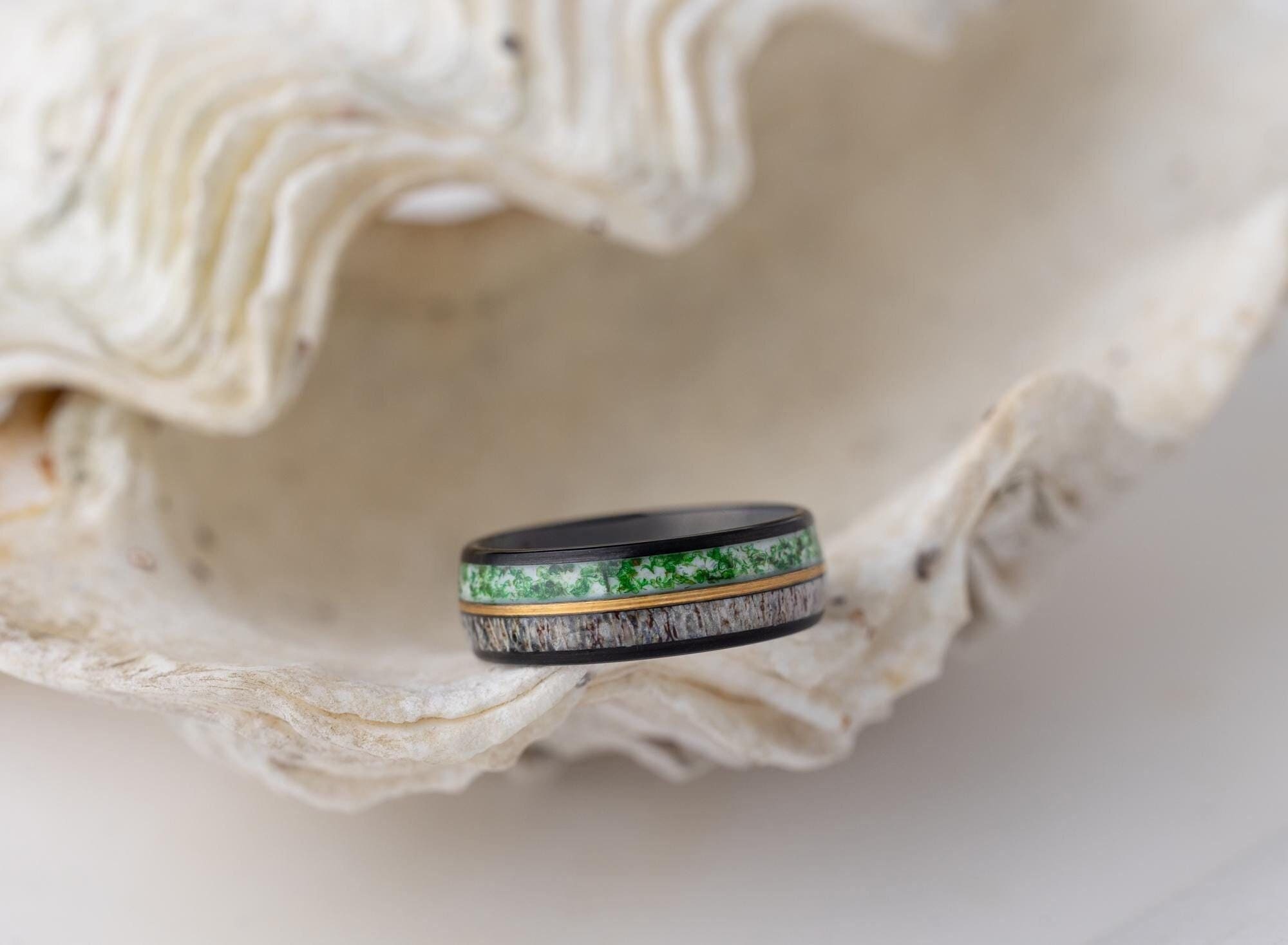 Moss Agate Band, Deer Antler Ring, Moss Agate Antler Ring, Deer Antler Ring, Tungsten Ring, Moss Agate and Antler Ring, Wedding Band, 8mm