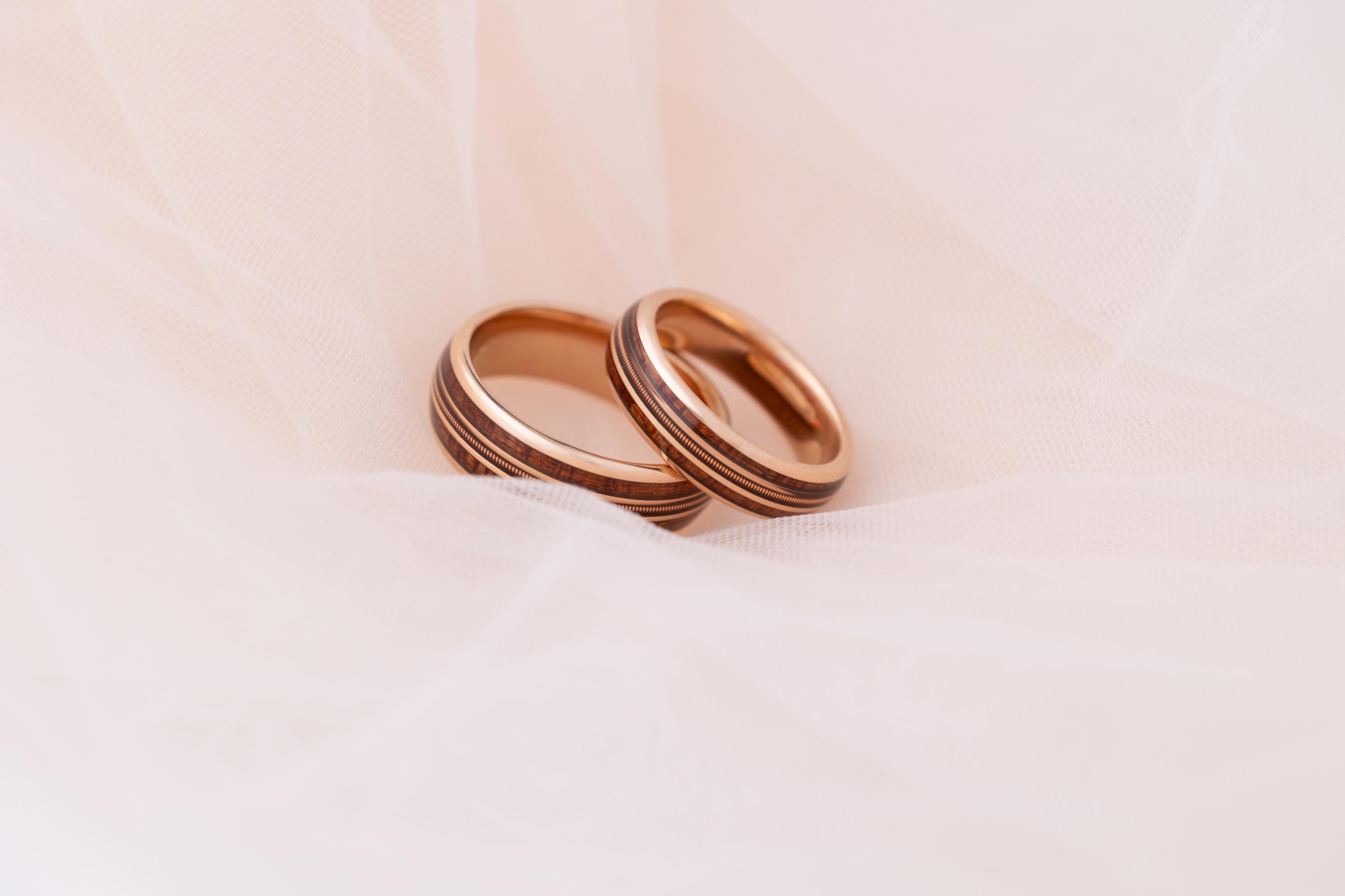 Guitar String & Whiskey Barrel Ring Set, Guitar String Couples Ring Set, Wooden Inlay Band, His and Hers Wedding Rings, Couples Ring Set