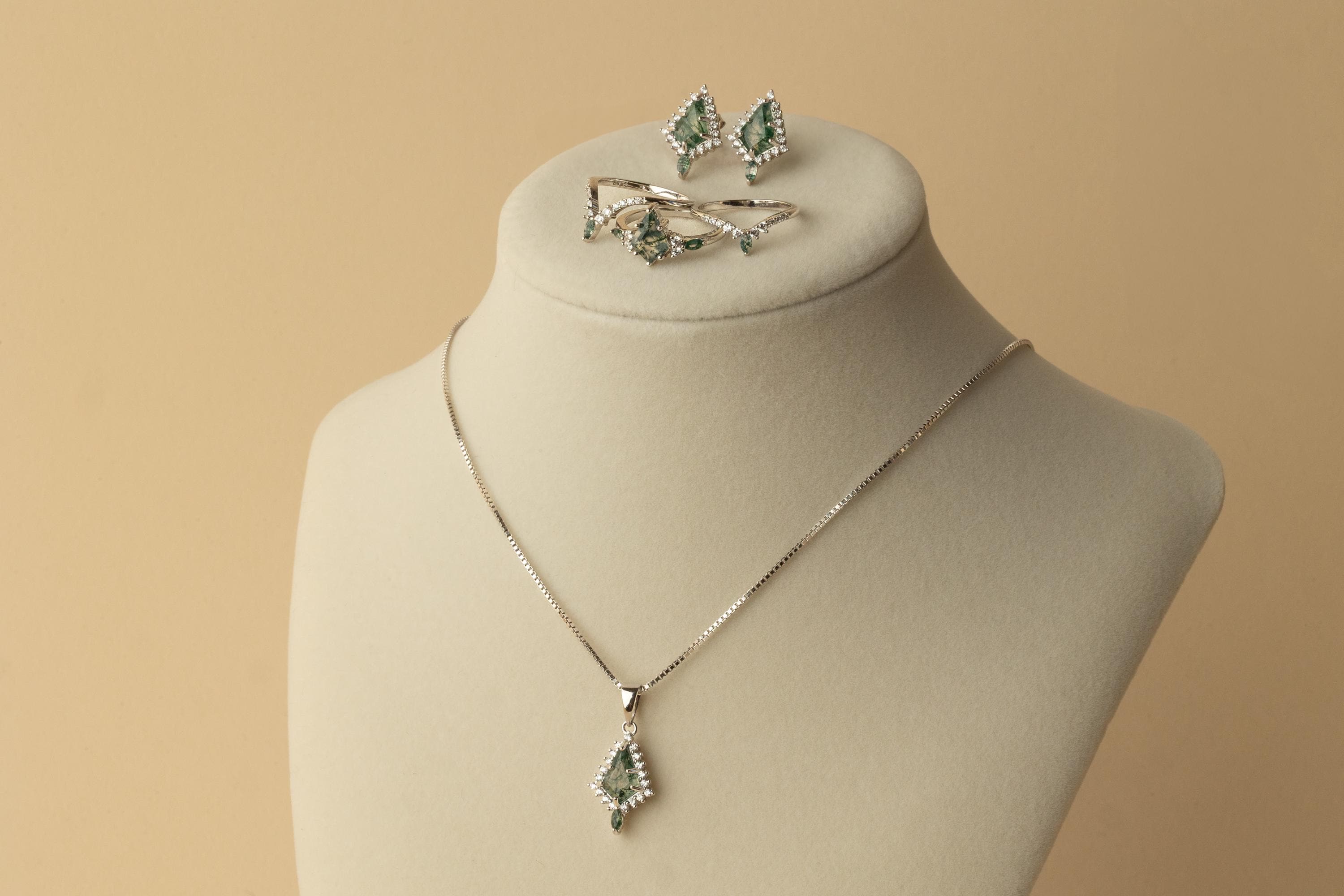 Silver Moss Agate Set, Moss Agate Earrings & Necklace Set, Woman Necklace and Earring Set, Moss Agate Earring and Necklace Set, Matching Set