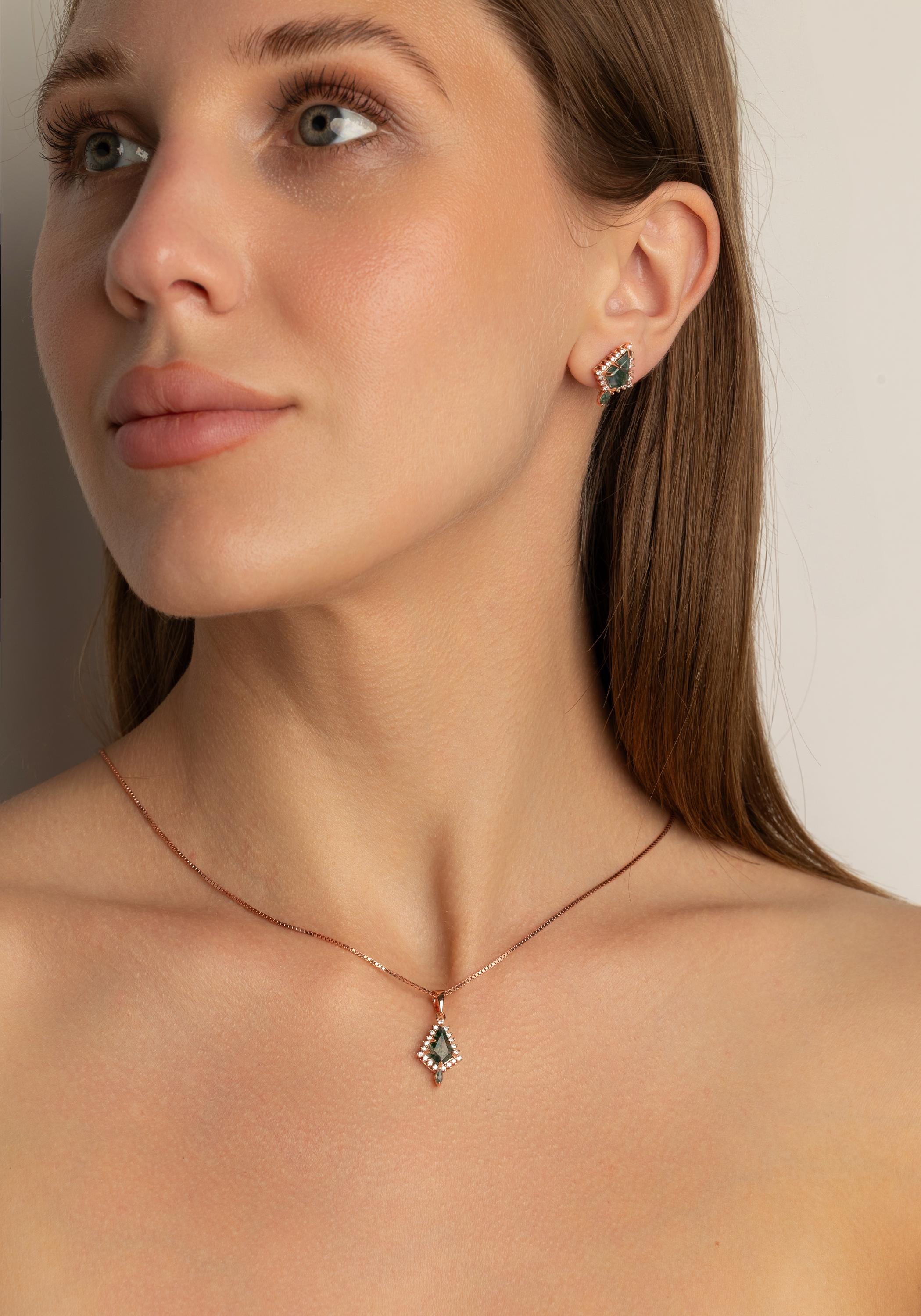 Woman Necklace and Earring Set, Rose Gold Moss Agate Earring and Necklace Set, Moss Agate Rose Gold Set, Moss Agate Earrings & Necklace Set