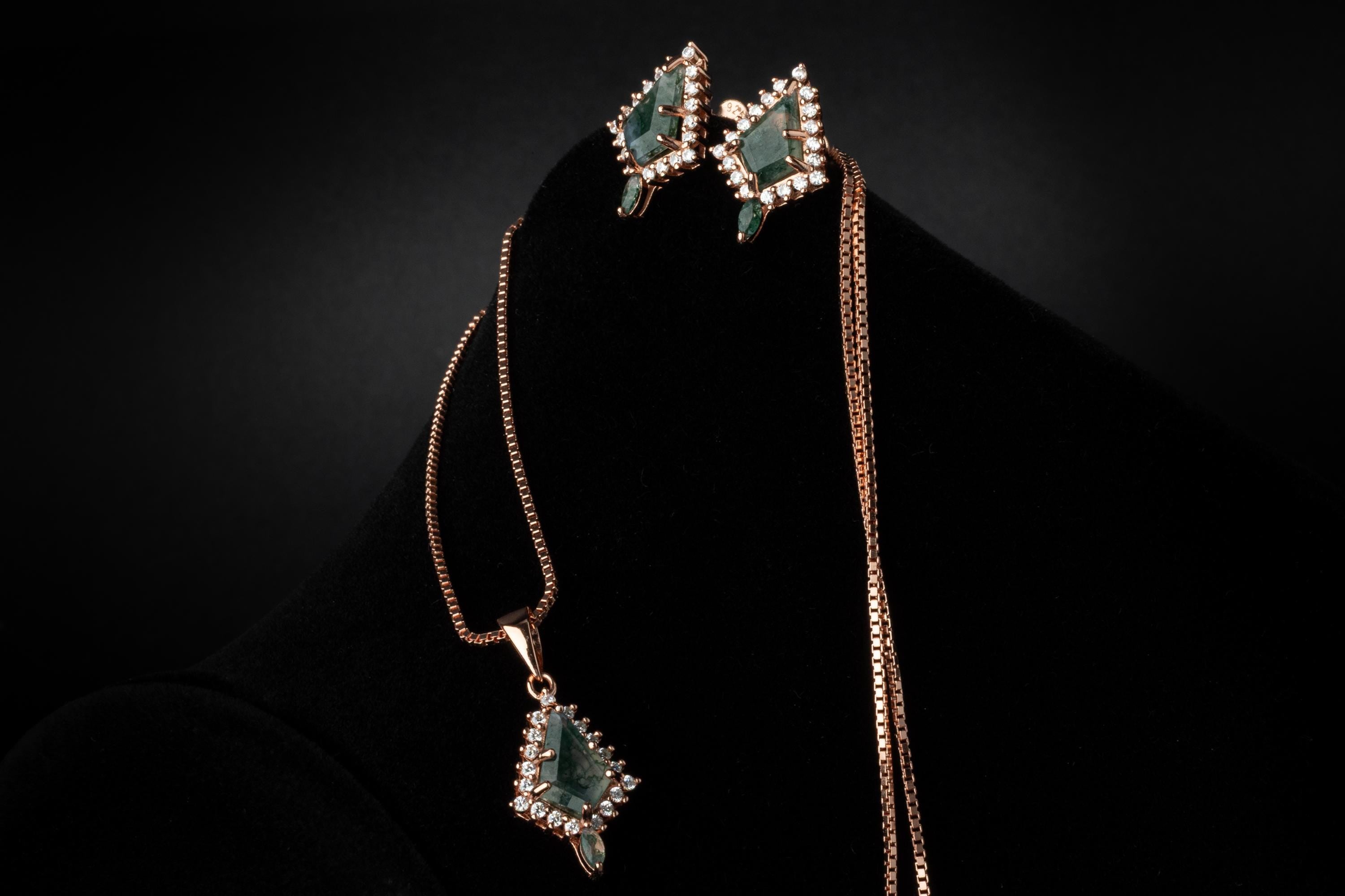 Woman Necklace and Earring Set, Rose Gold Moss Agate Earring and Necklace Set, Moss Agate Rose Gold Set, Moss Agate Earrings & Necklace Set