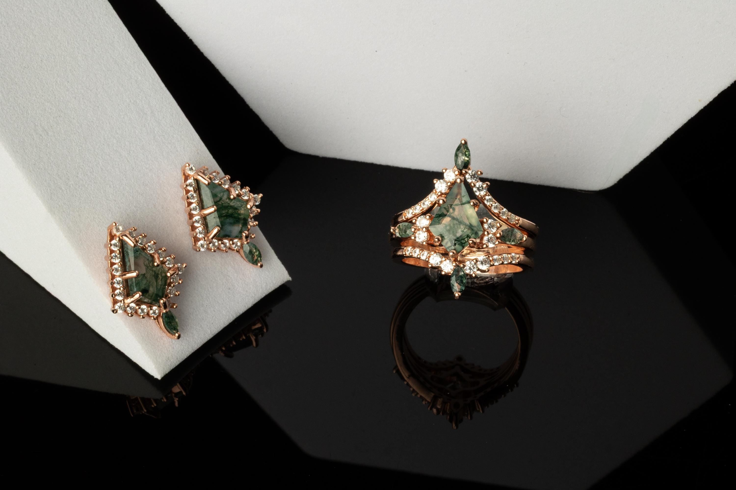 Rose Gold Moss Agate Ring & Earring Set, Moss Agate Rose Gold Matching Set, Earring and Ring Set, Rose Gold Earring and Moss Agate Ring Set