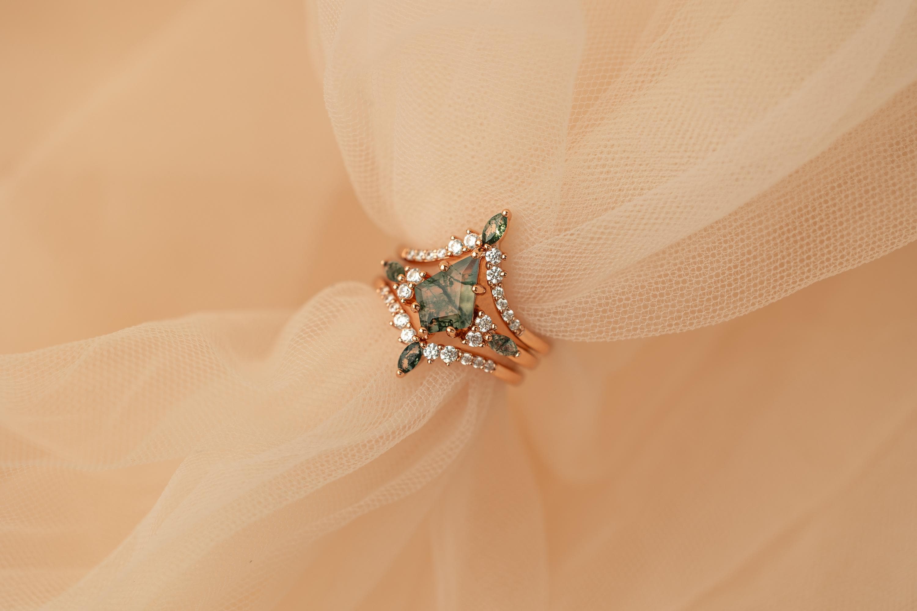 Moss Agate Rose Gold Ring & Necklace Set, Moss Agate Rose Gold Matching Set, Woman Necklace and Ring Set, Moss Agate Ring and Necklace Set