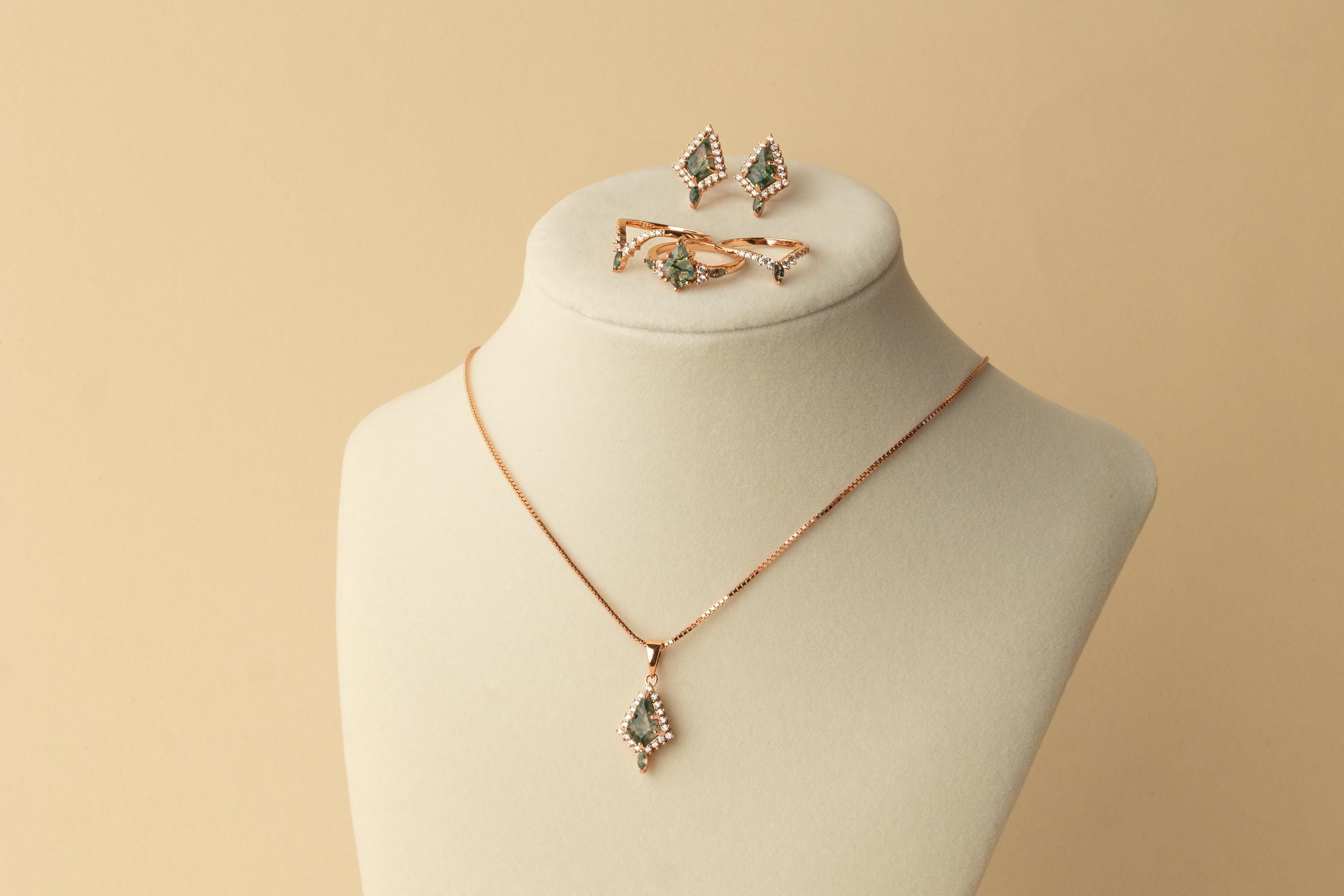 Green Moss Agate Rose Gold Necklace, Moss Agate Necklace For Women, 925 Silver Moss Agate Pendant, Rose Gold Moss Agate Necklace, Necklace
