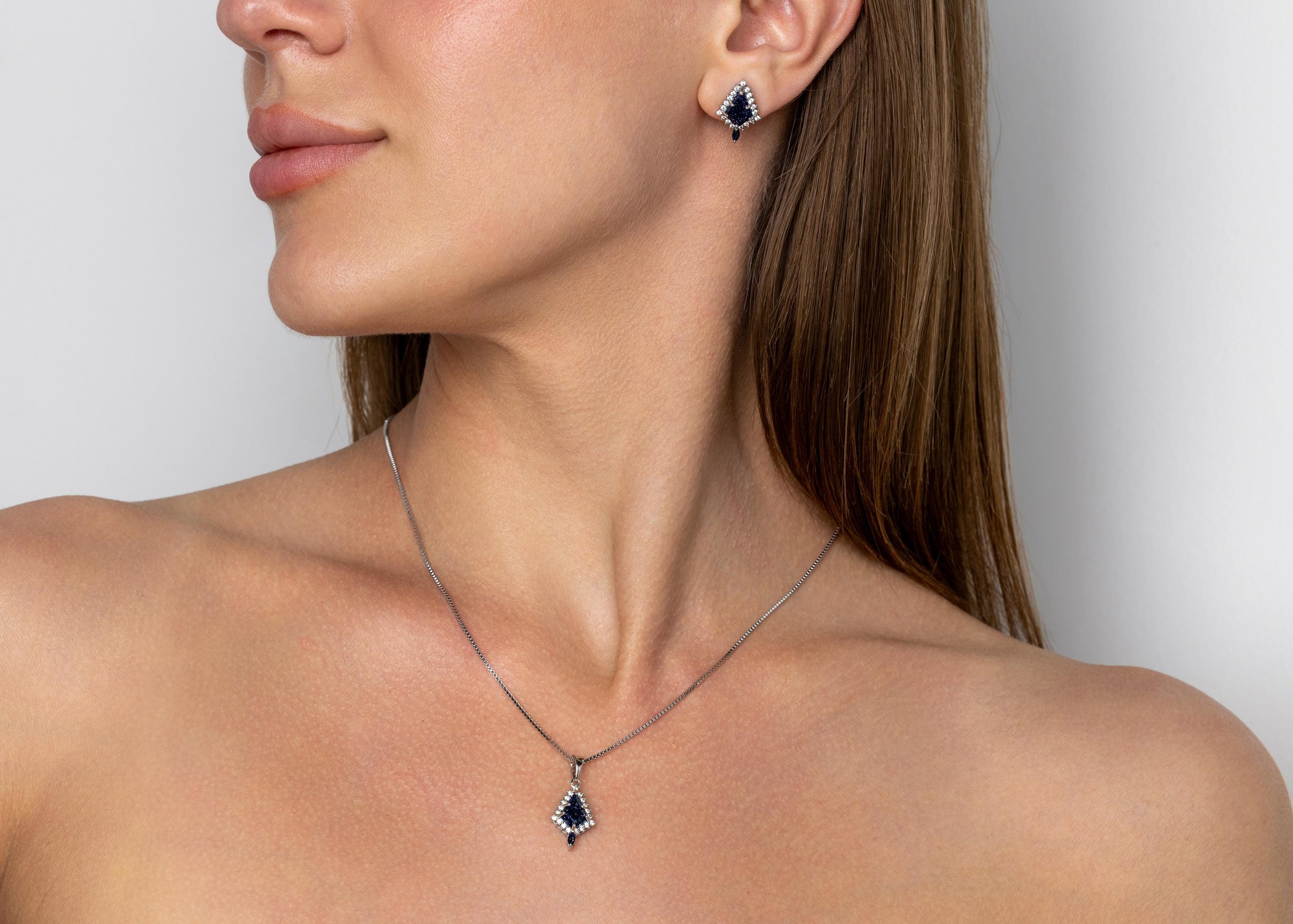 Blue Sandstone Galaxy Necklace & Earrings, Blue Galaxy Sandstone Necklace, Space Necklace, Nebula Earrings, Sterling Silver Matching Set
