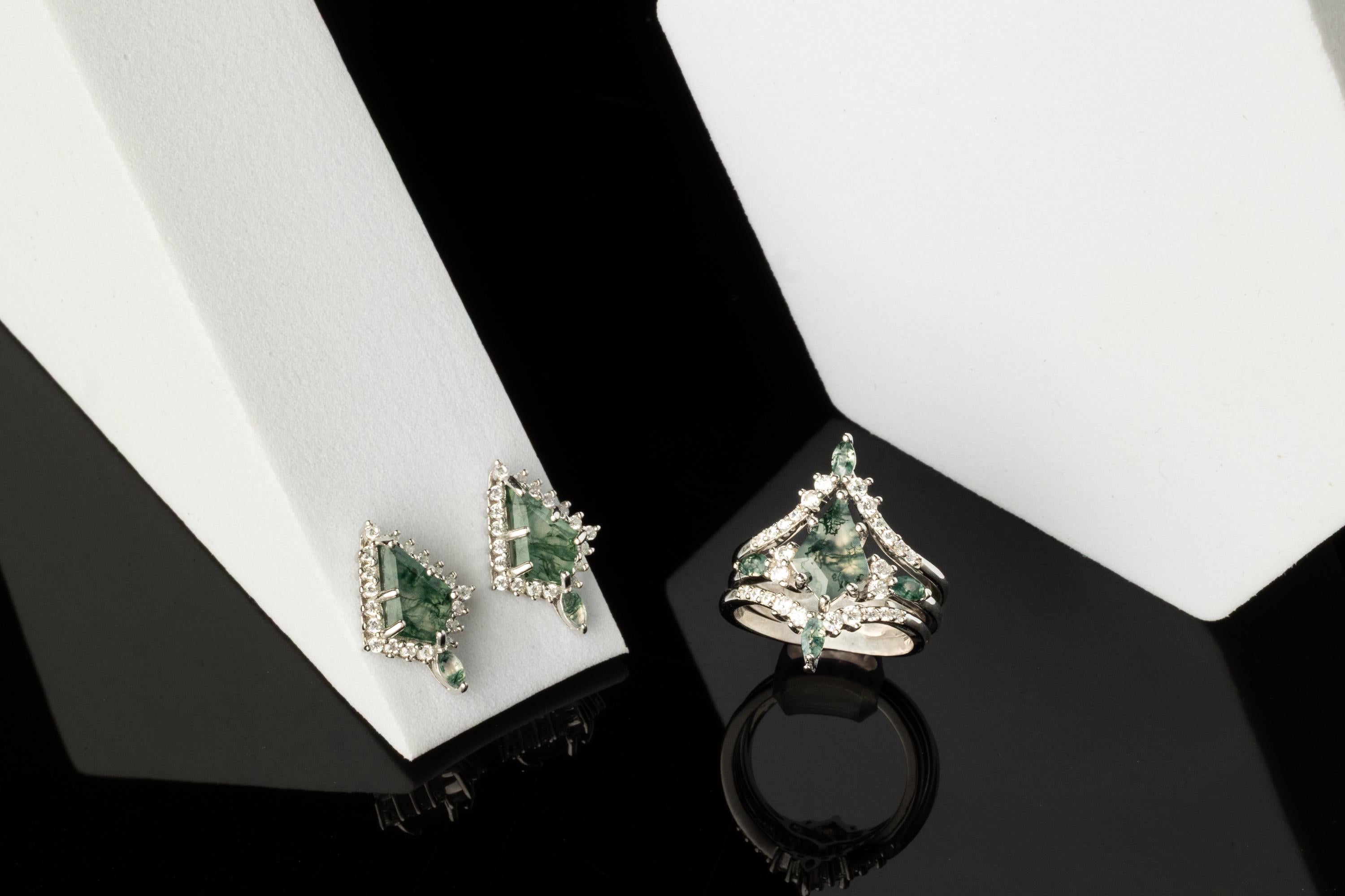 Moss Agate Ring & Necklace and Earring Set, Moss Agate Silver Set, Woman Necklace Earring Ring Set, Moss Agate Earring Ring Necklace Set