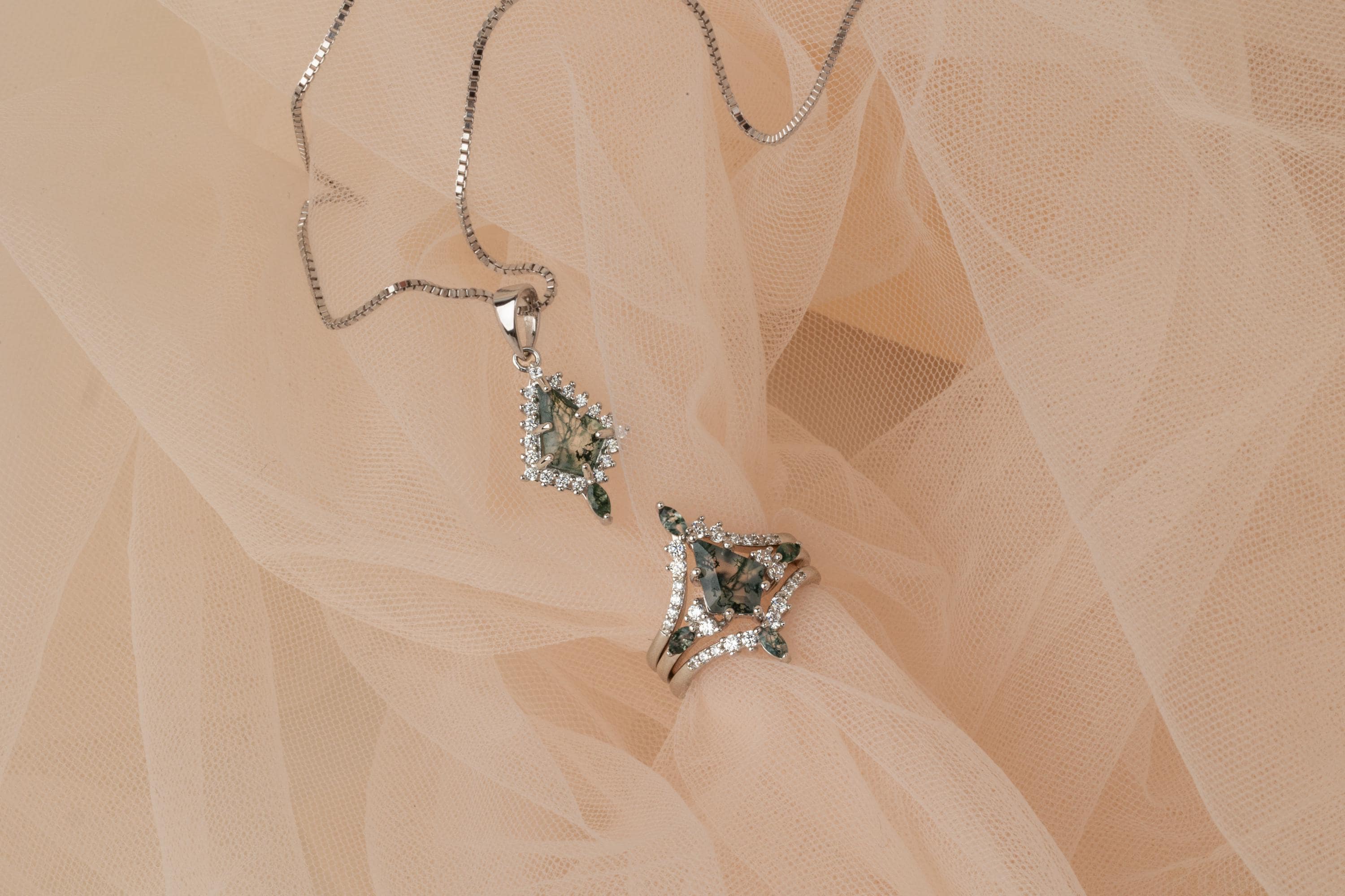 Moss Agate Silver Ring & Necklace Set, Moss Agate Matching Set, Woman Necklace and Ring Set, Moss Agate Ring, Necklace Set, Moss Agate Set