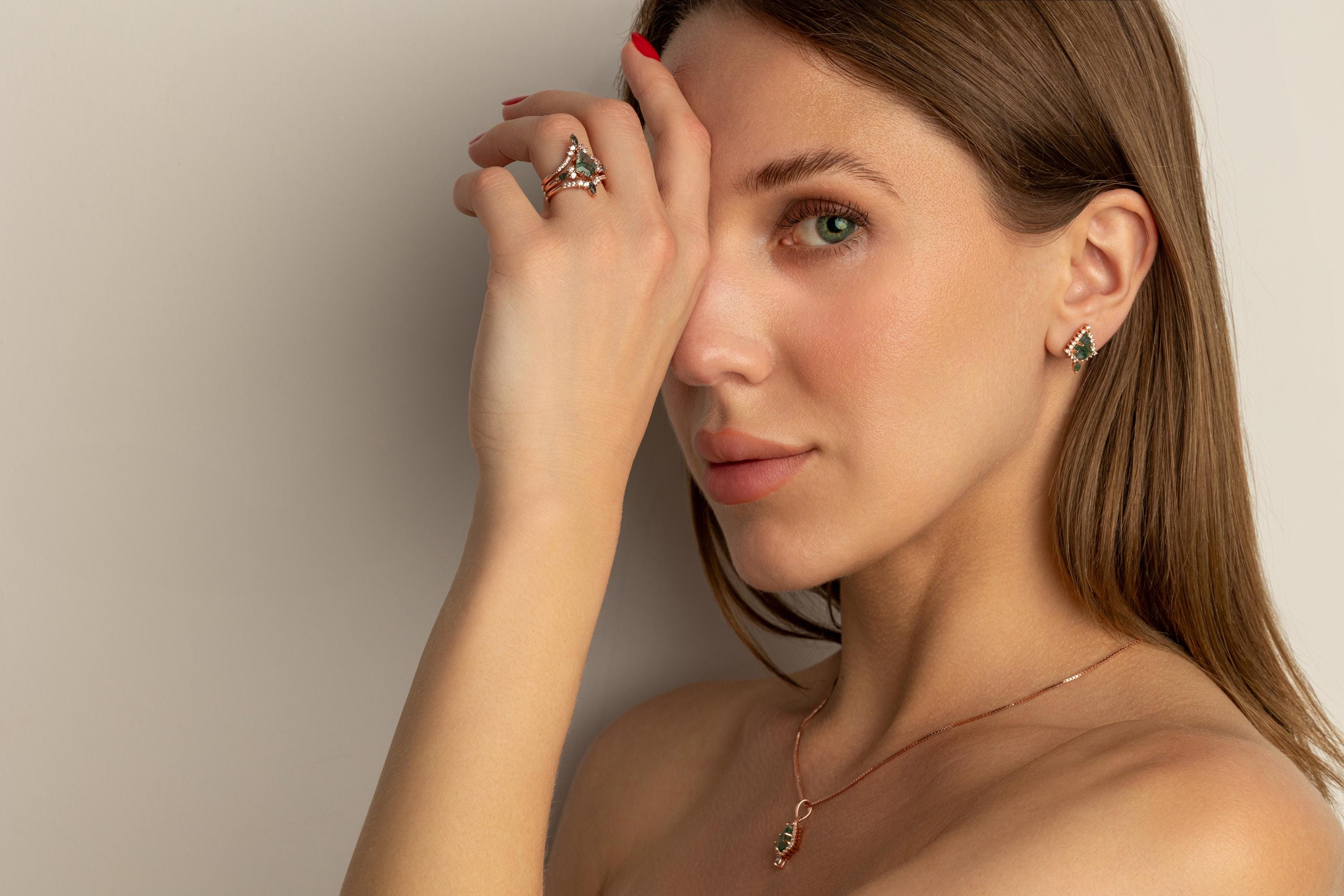 Woman Necklace and Earring Set, Rose Gold Moss Agate Earring and Necklace Set, Moss Agate Rose Gold Set, Moss Agate Earrings & Necklace Set