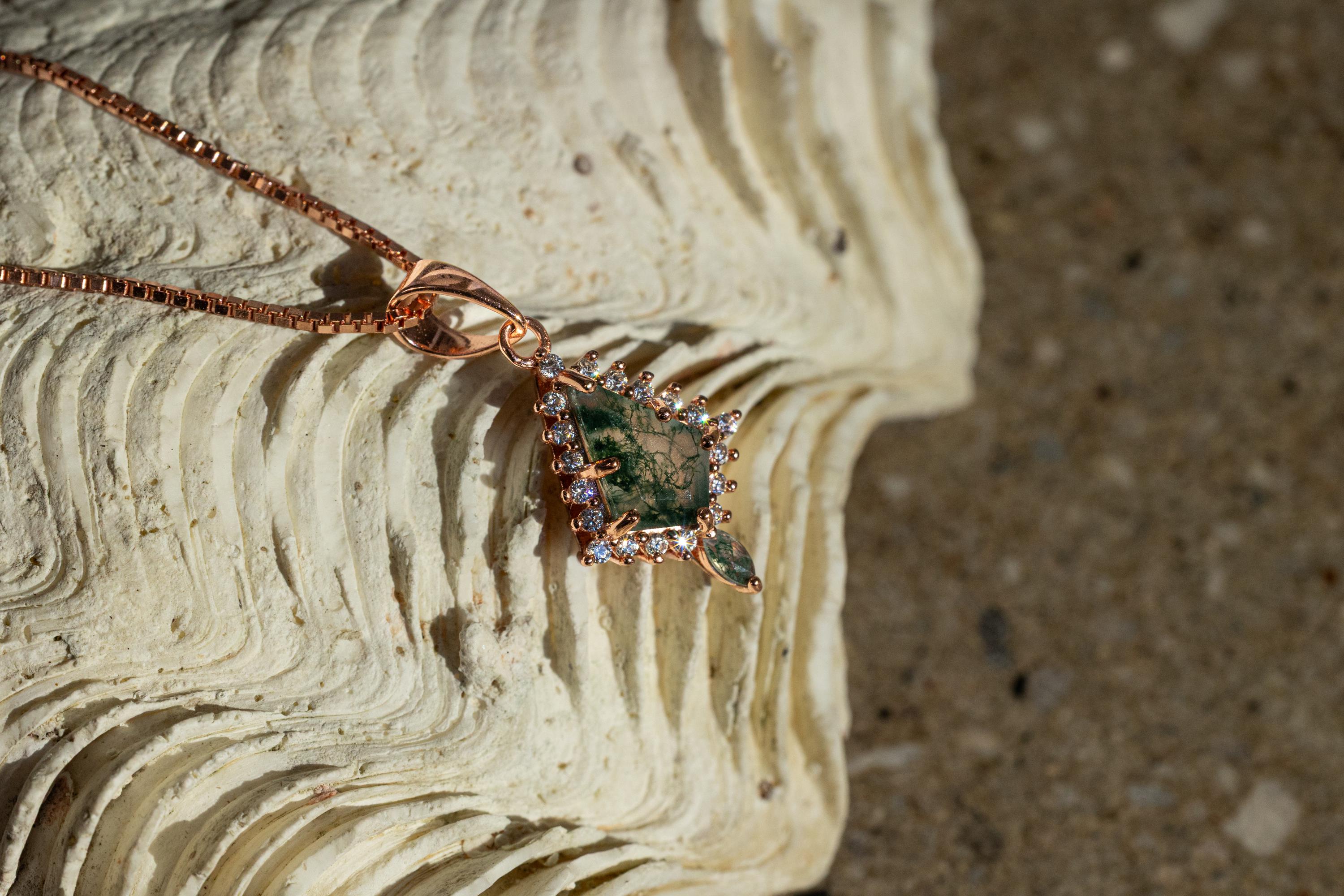 Moss Agate Rose Gold Ring & Necklace Set, Moss Agate Rose Gold Matching Set, Woman Necklace and Ring Set, Moss Agate Ring and Necklace Set