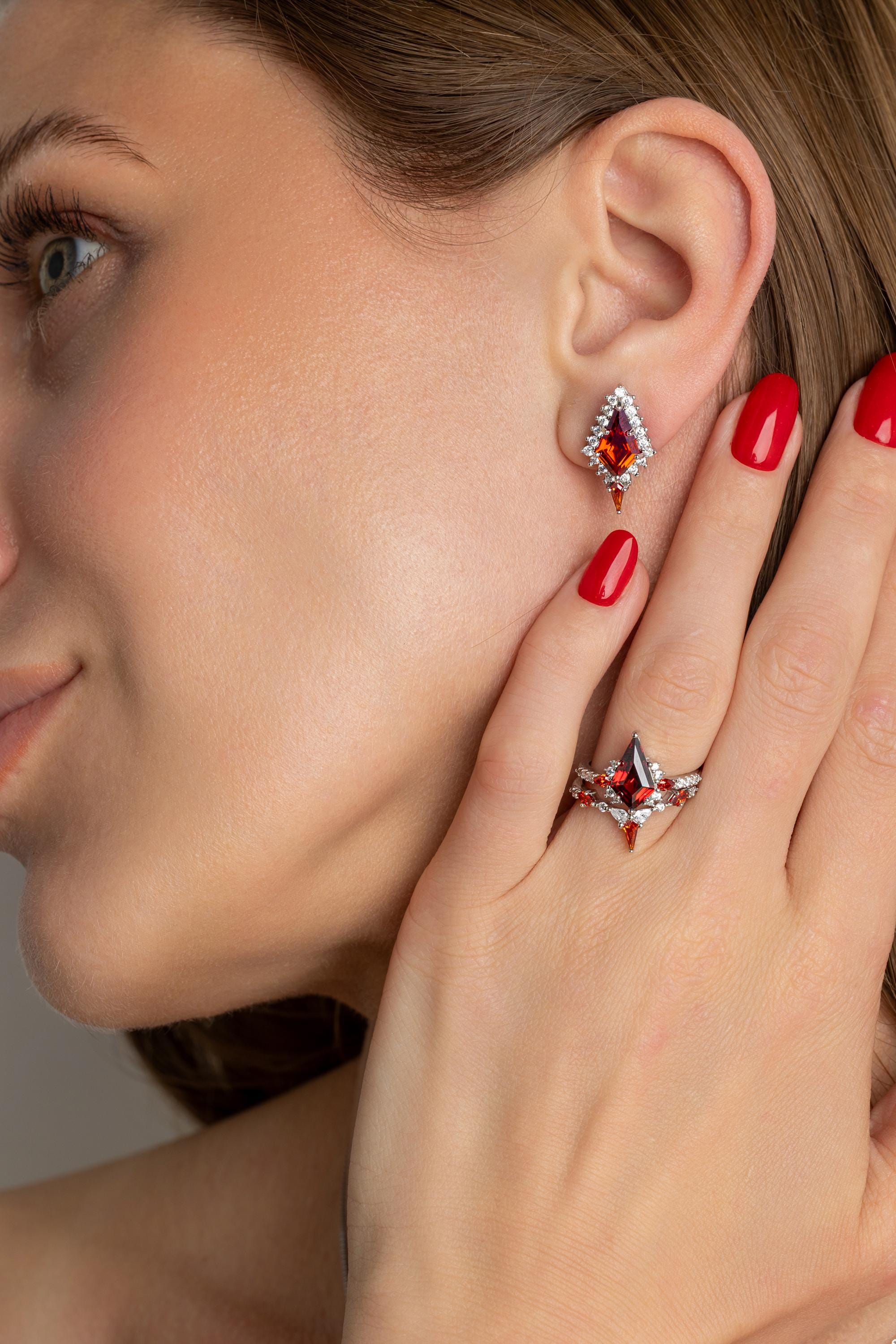 Garnet Ring and Earring Set, Garnet Stone Matching Set, Woman Earring and Ring Set, Garnet Earring Set and Garnet Ring, Silver Garnet Sets