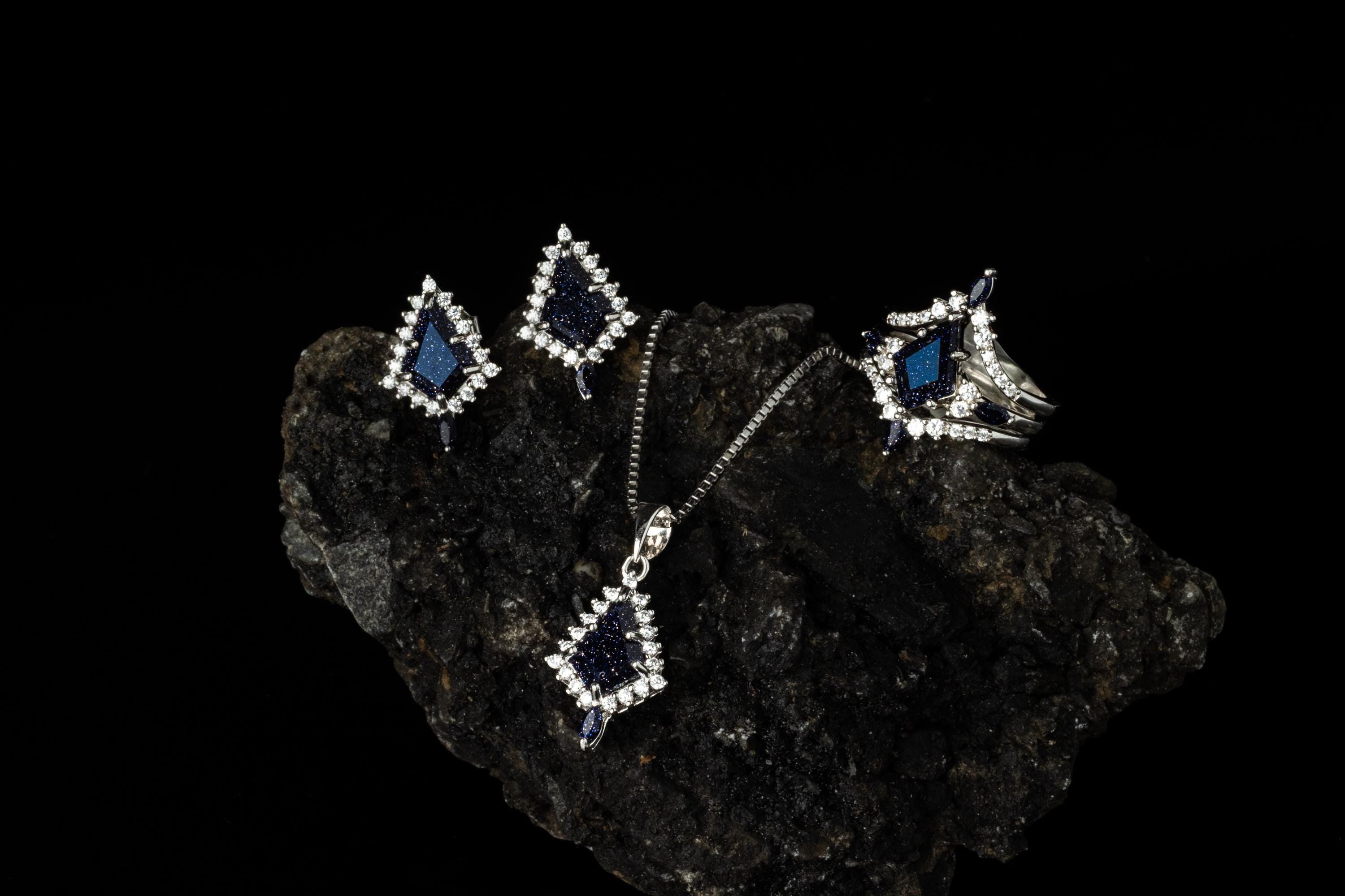 Blue Sandstone Galaxy Necklace & Earrings, Blue Galaxy Sandstone Necklace, Space Necklace, Nebula Earrings, Sterling Silver Matching Set