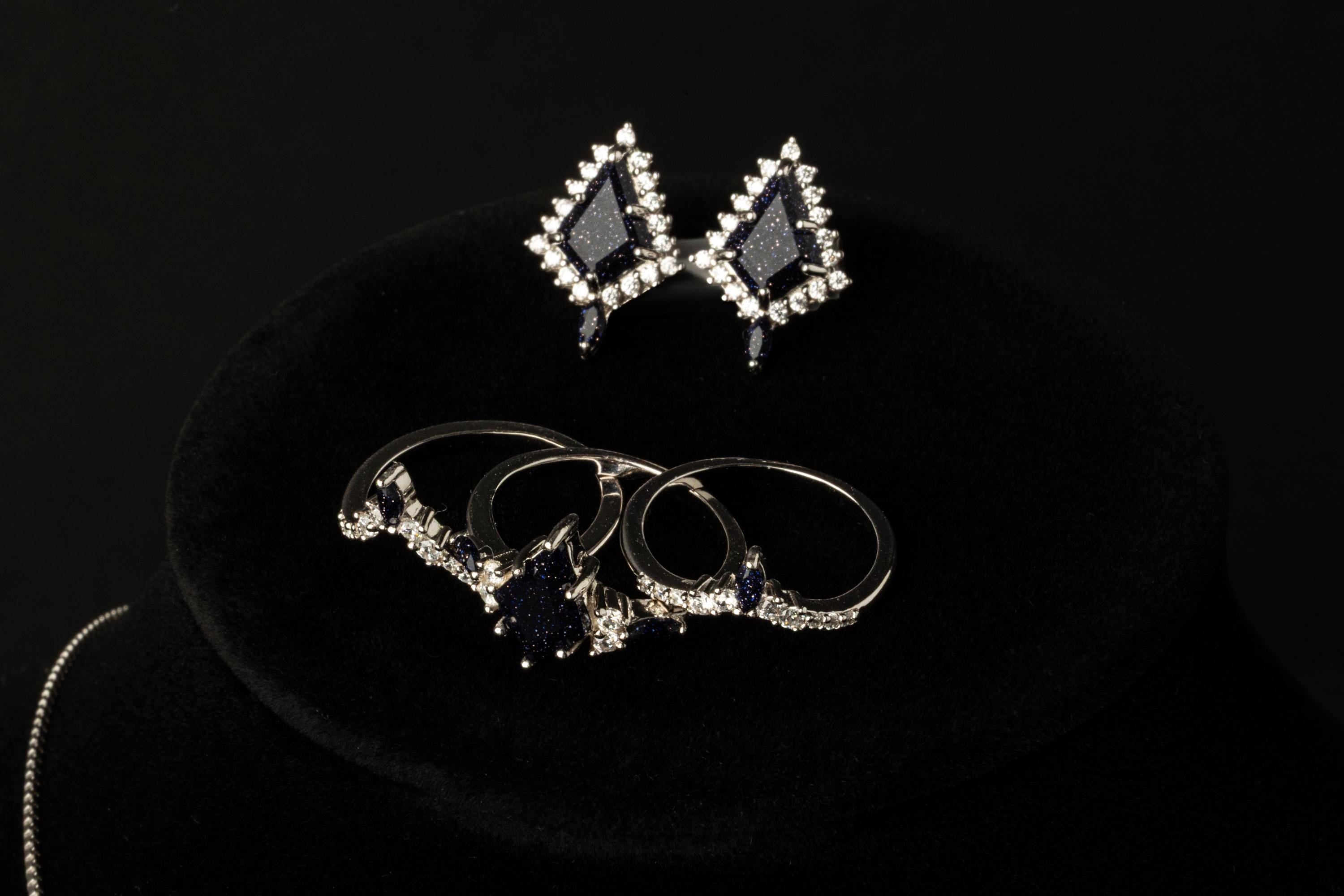 Blue Sandstone Galaxy Earrings & Ring, Blue Galaxy Sandstone Earrings, Space Galaxy Ring, Nebula Ring, Sterling Silver Matching Set