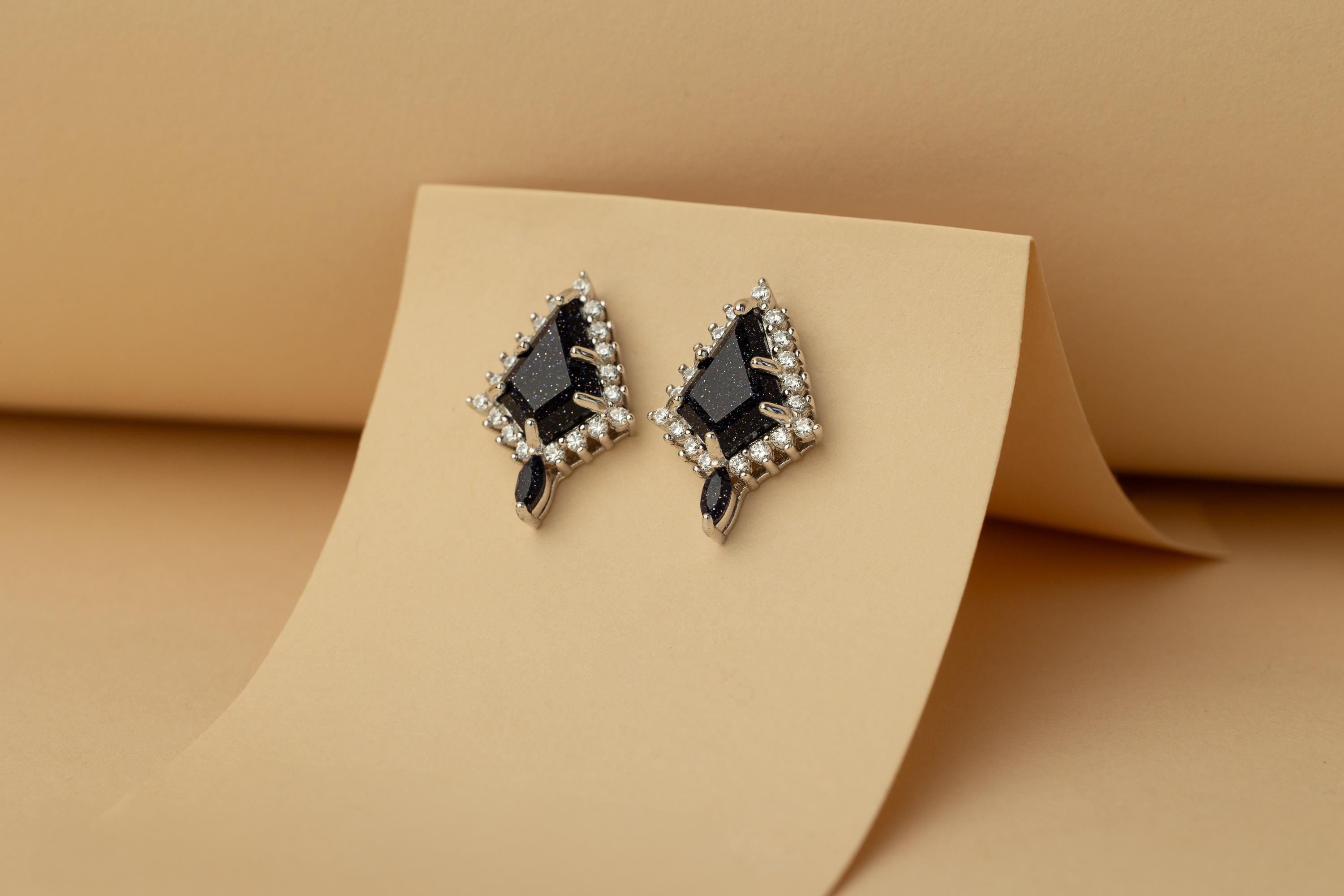 Blue Sandstone Galaxy Earrings & Ring, Blue Galaxy Sandstone Earrings, Space Galaxy Ring, Nebula Ring, Sterling Silver Matching Set