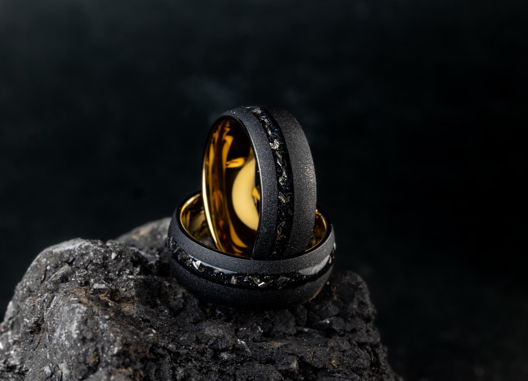 Meteorite Wedding Band Set: Black Tungsten Matching Rings