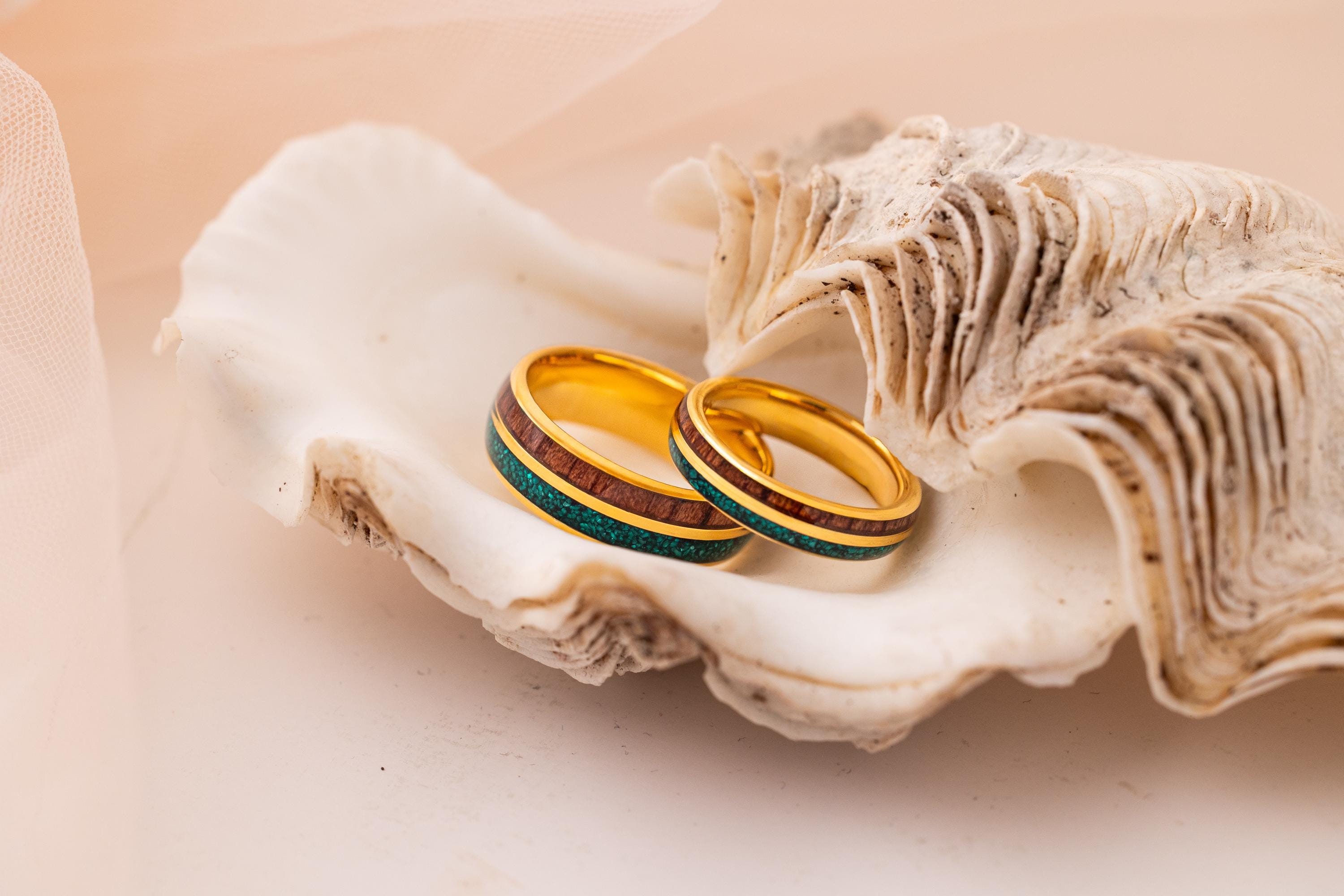 Malachite & Koa Wood Tungsten Wedding Ring Set