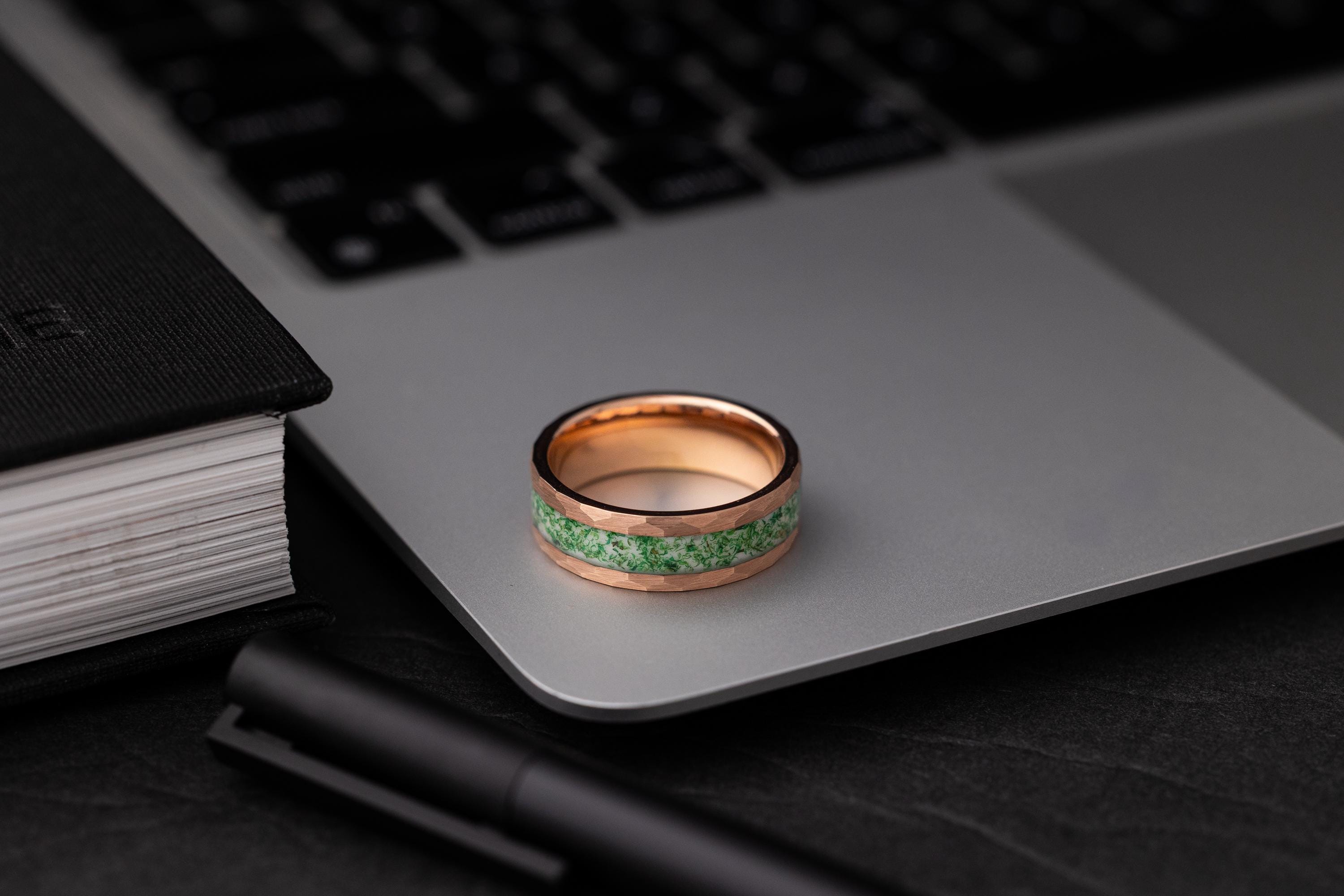 Hammered Rose Gold Tungsten Moss Agate Ring - 8mm Wedding Band