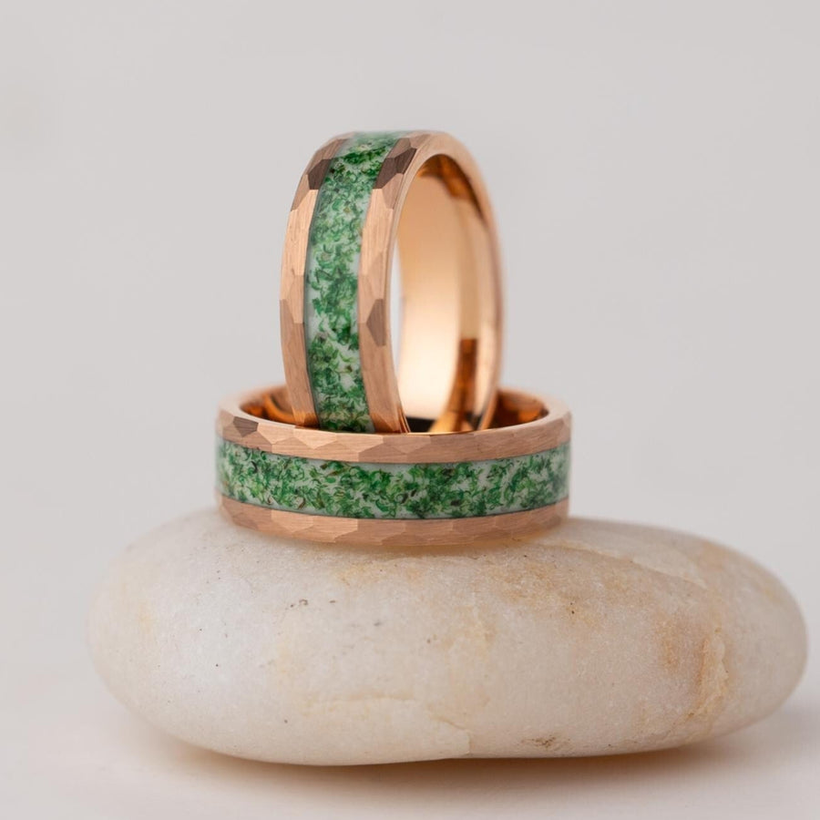 Rose Gold Forest - Moss Agate Hammered Ring, 8mm Width