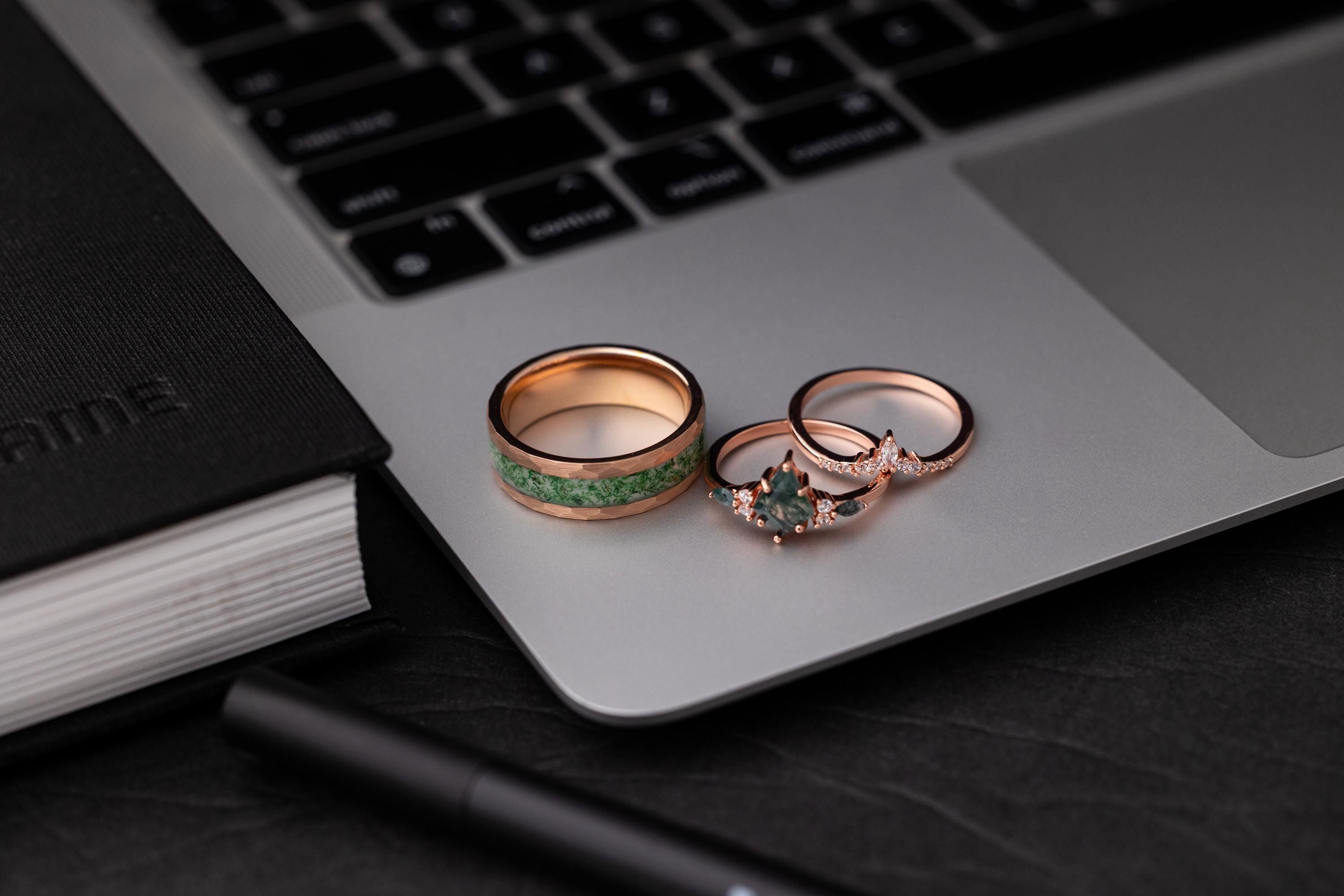 Moss Agate Ring Set: Tungsten Band, Sterling Silver Rose Gold Wedding Bands