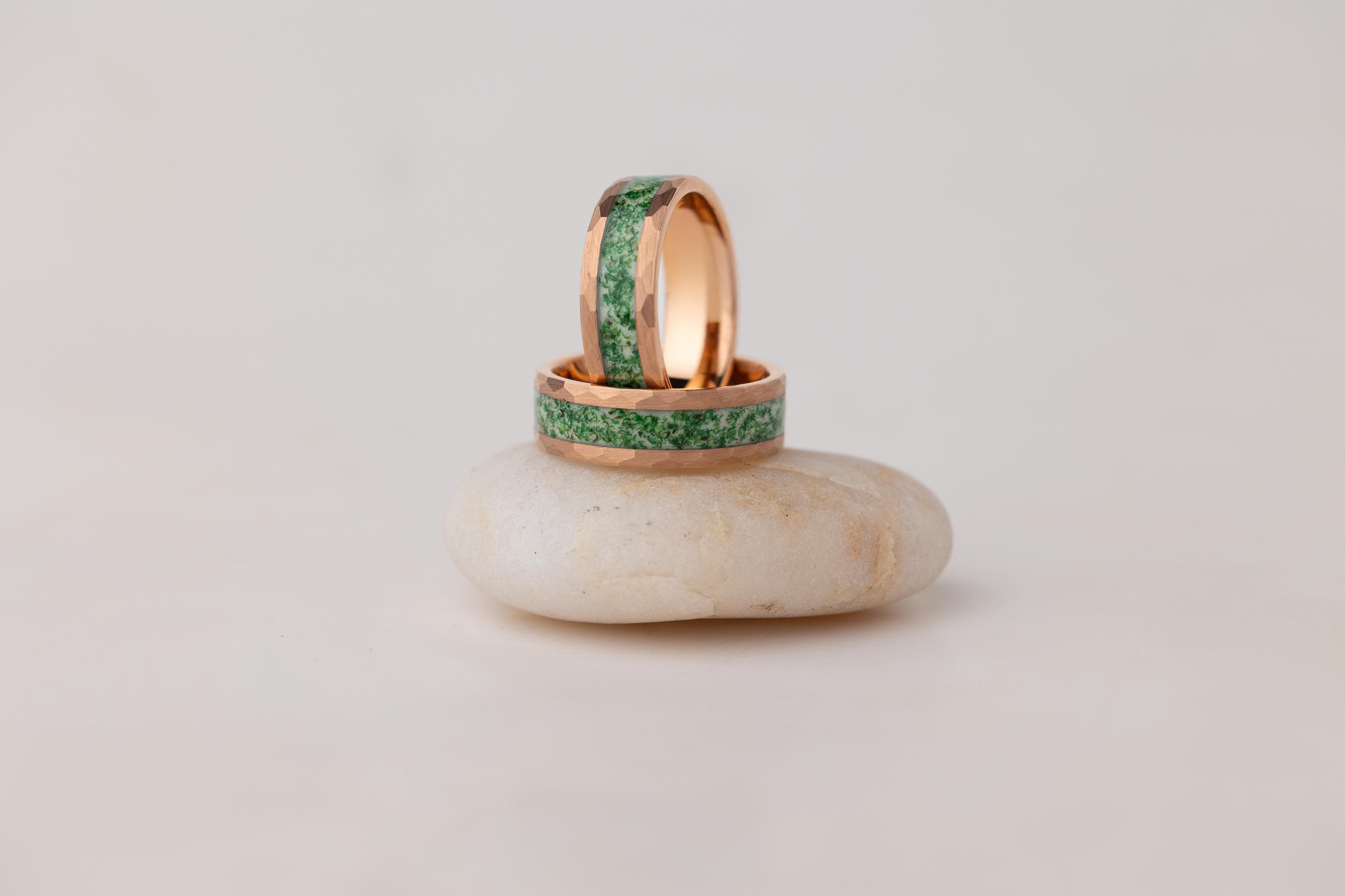 Moss Agate Ring Set: Tungsten Band, Sterling Silver Rose Gold Wedding Bands