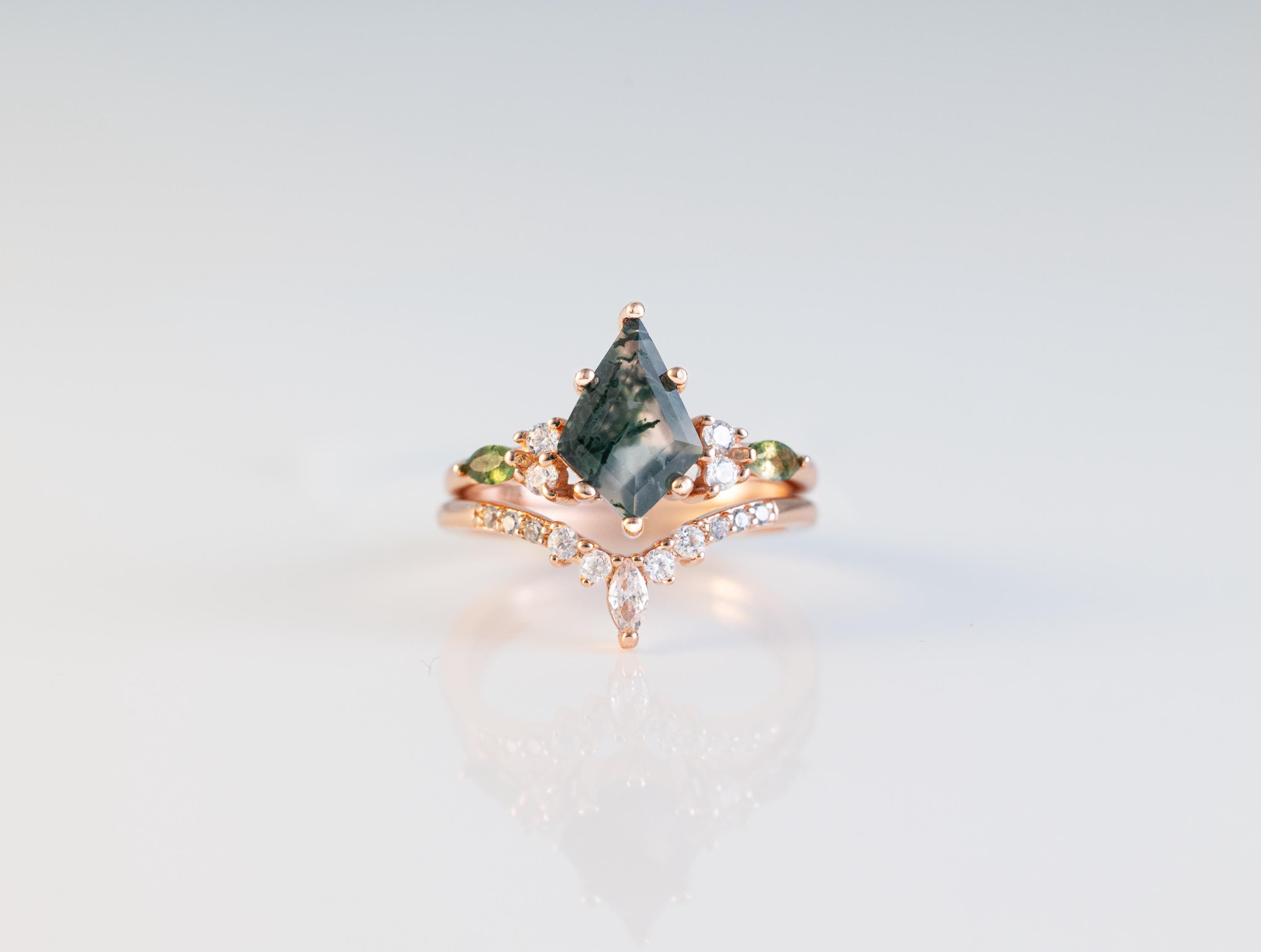 Moss Agate Ring Set: Tungsten Band, Sterling Silver Rose Gold Wedding Bands