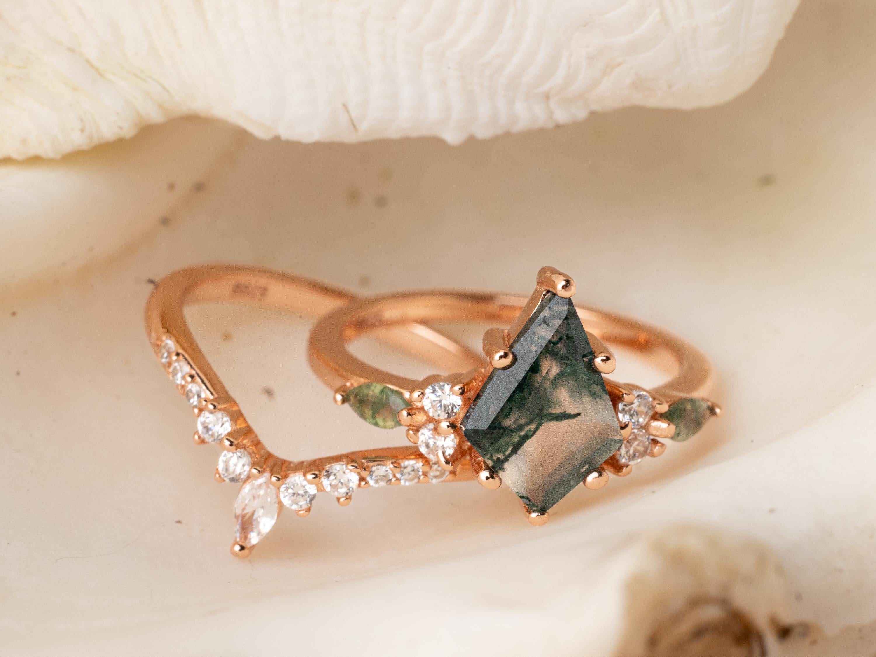 Moss Agate Ring Set: Tungsten Band, Sterling Silver Rose Gold Wedding Bands