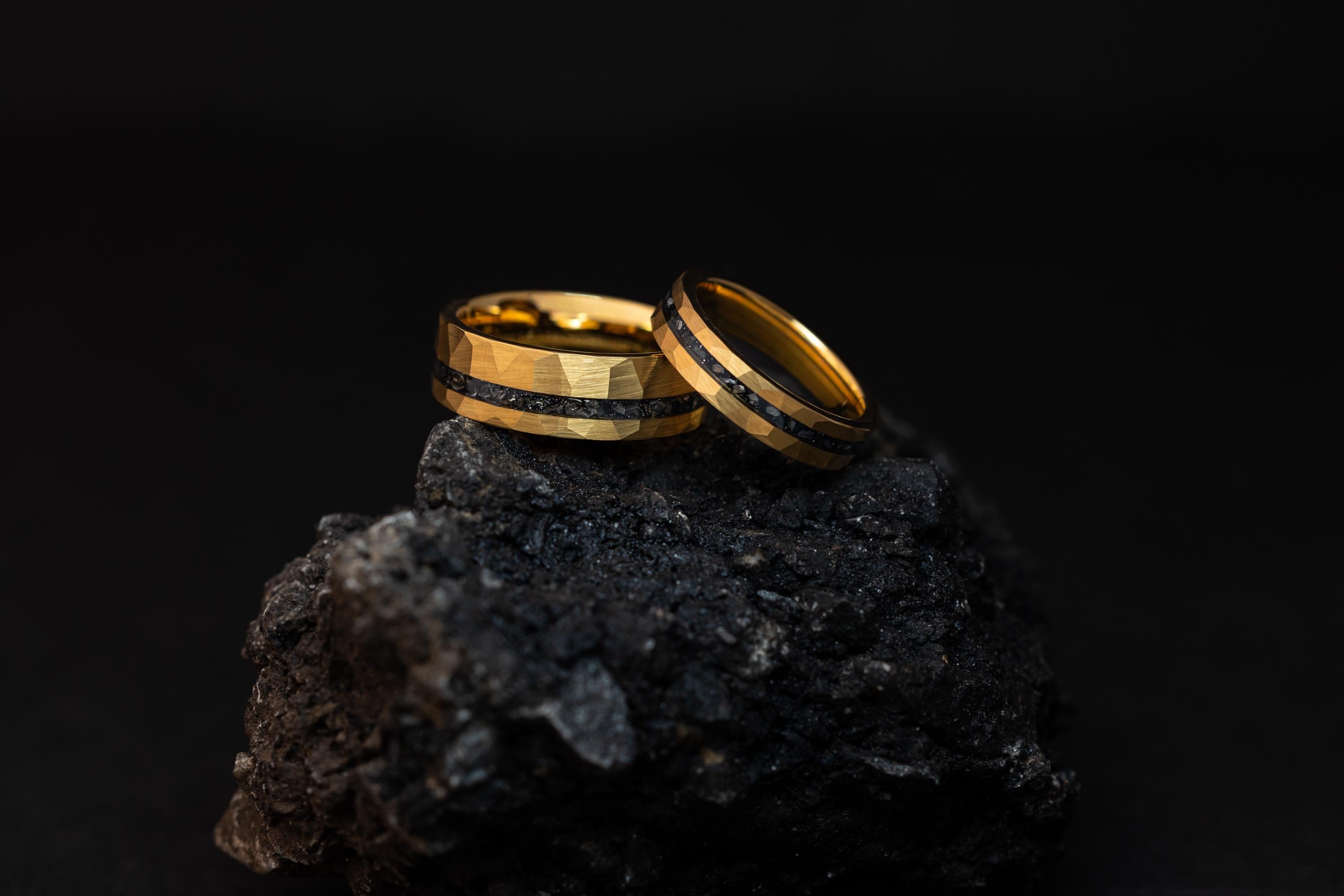 Hammered Gold Meteorite Rings Set: 24K Tungsten Couples Wedding Band