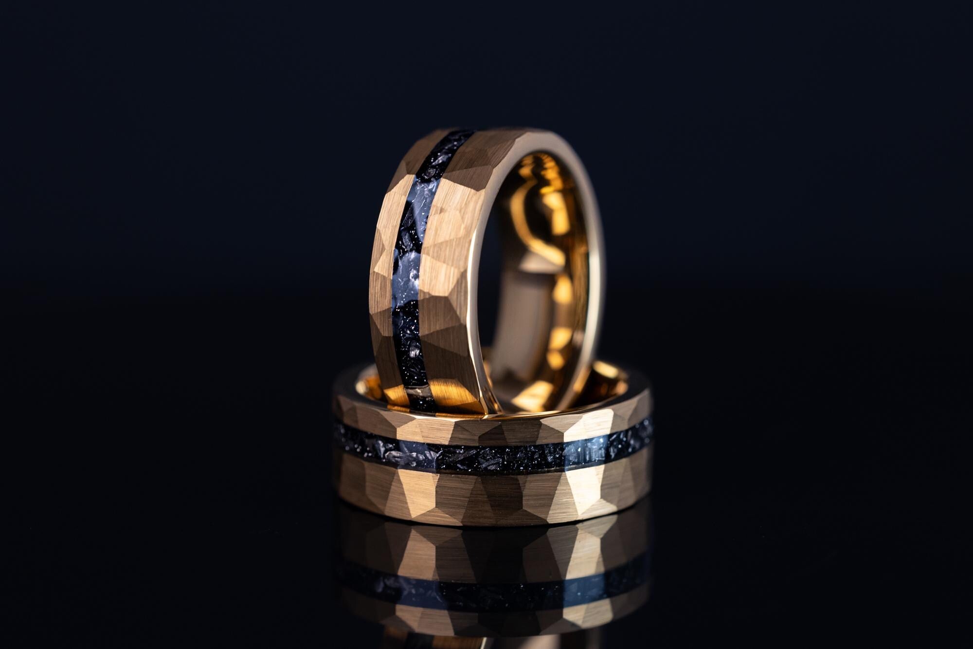 Hammered Gold Meteorite Rings Set: 24K Tungsten Couples Wedding Band