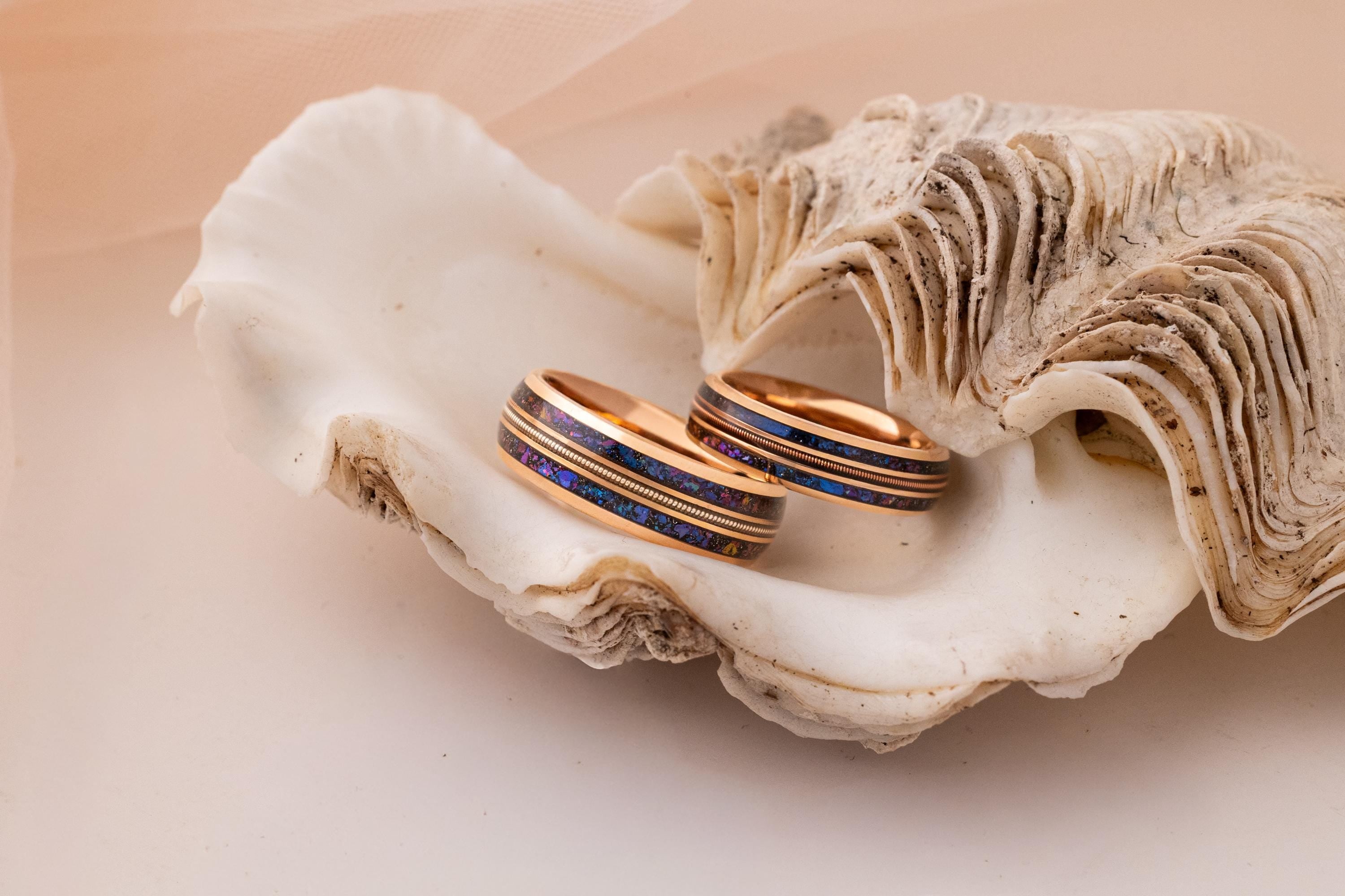 Tungsten Carbide Ring: Rose Gold, Galaxy Inlay & Guitar String - Couples Ring