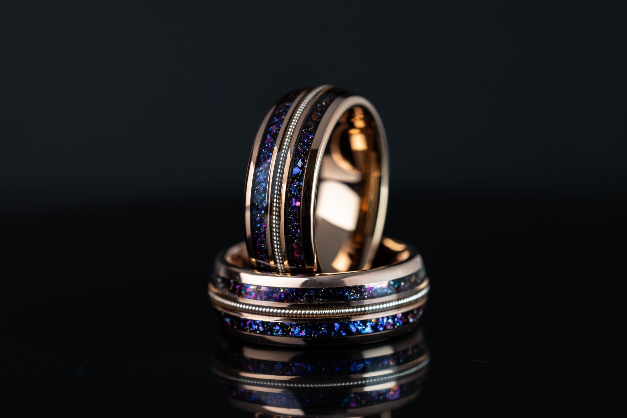 Tungsten Carbide Ring: Rose Gold, Galaxy Inlay & Guitar String - Couples Ring