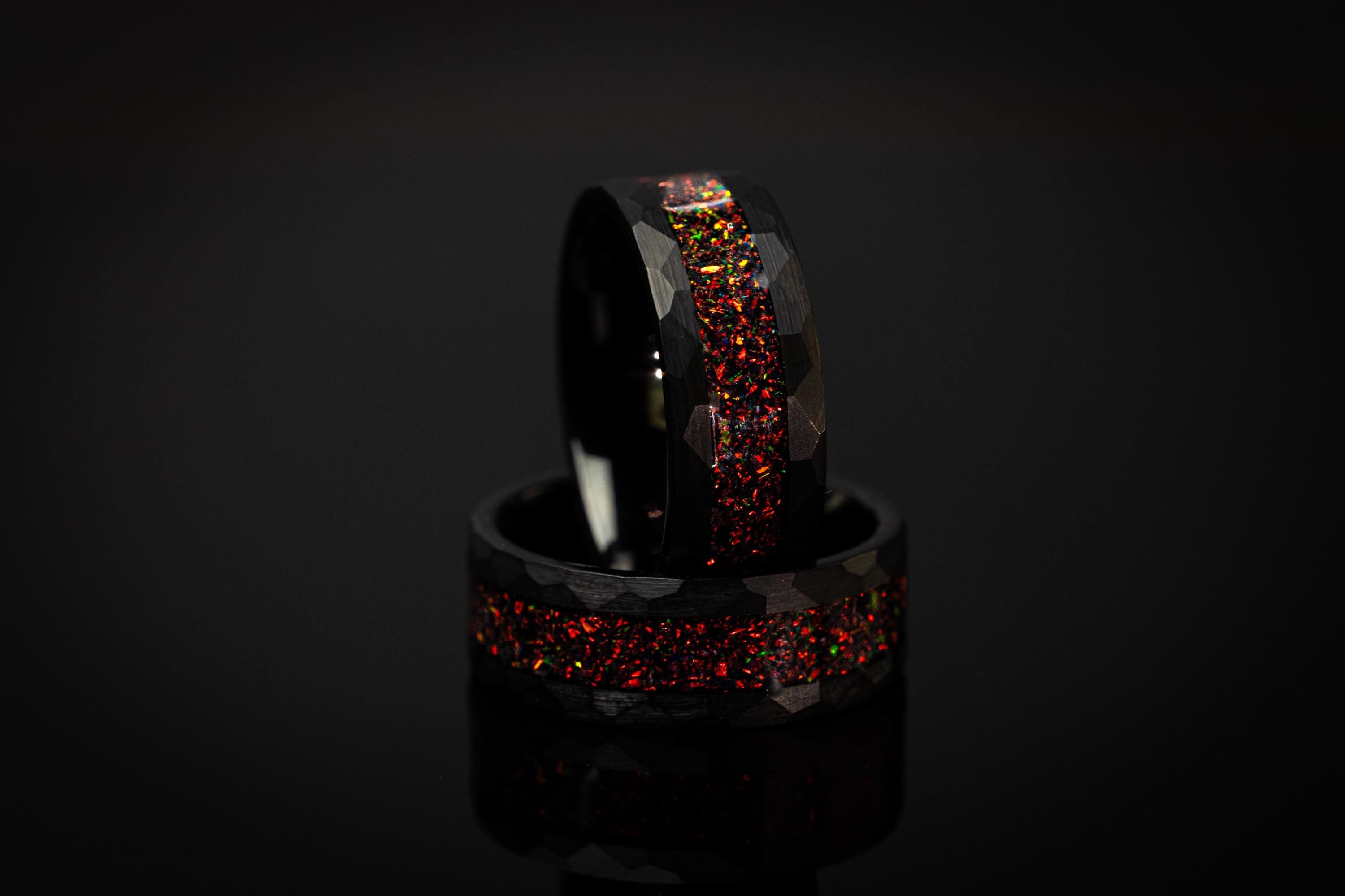 Crushed Fire Opal Hammered Wedding Band, Black Tungsten Couples Ring