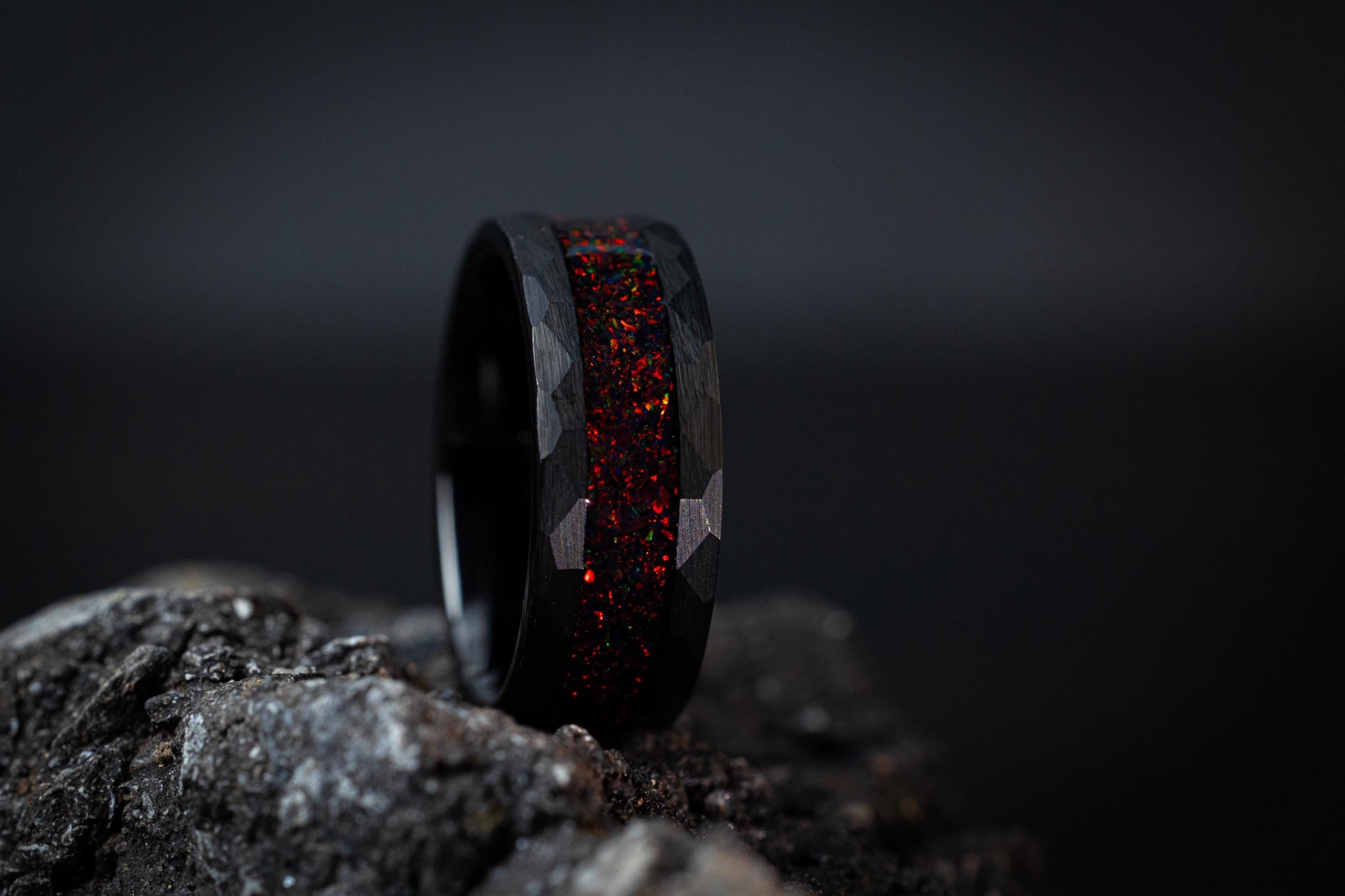 Crushed Fire Opal Hammered Wedding Band, Black Tungsten Couples Ring