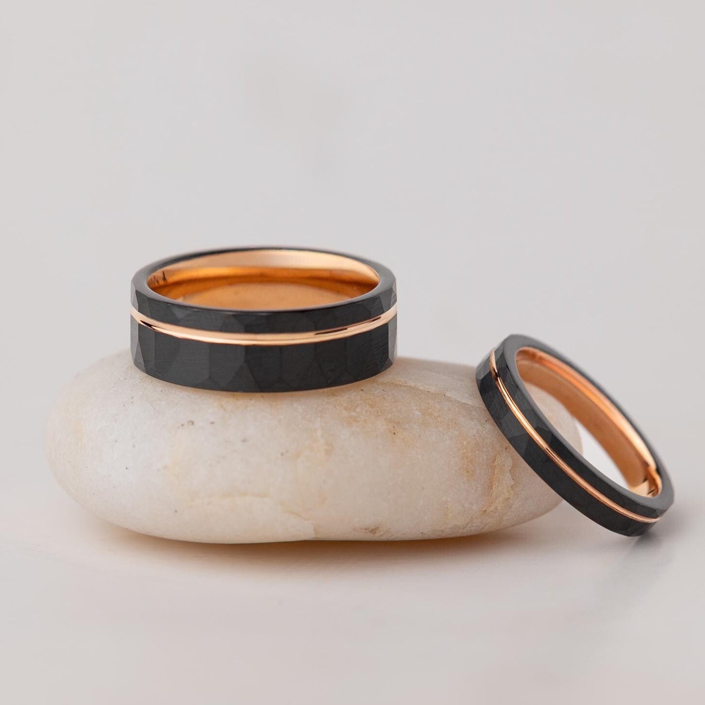 Black Hammered Tungsten Carbide Ring Set: Rose Gold Couples Wedding Band