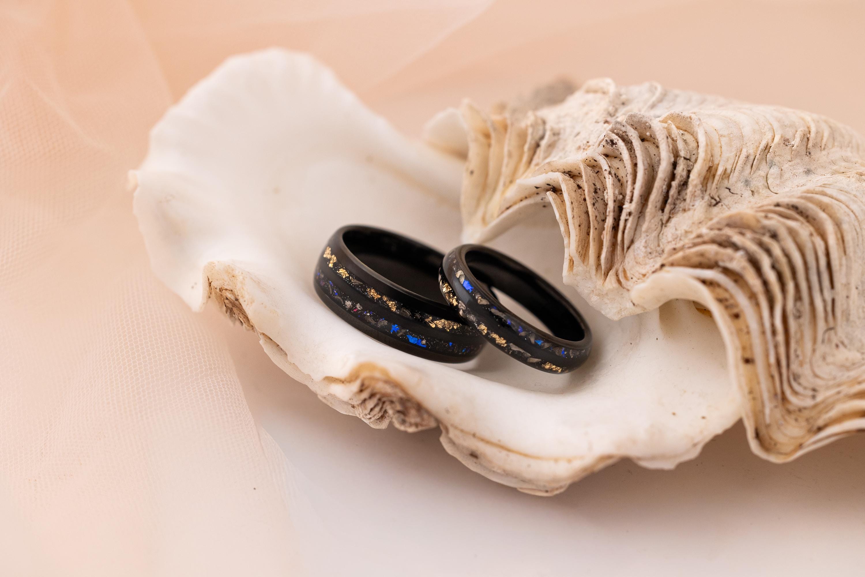 Nebula & Crushed Gold Leaf Couple Set Ring, Tungsten Meteorite Wedding Bands
