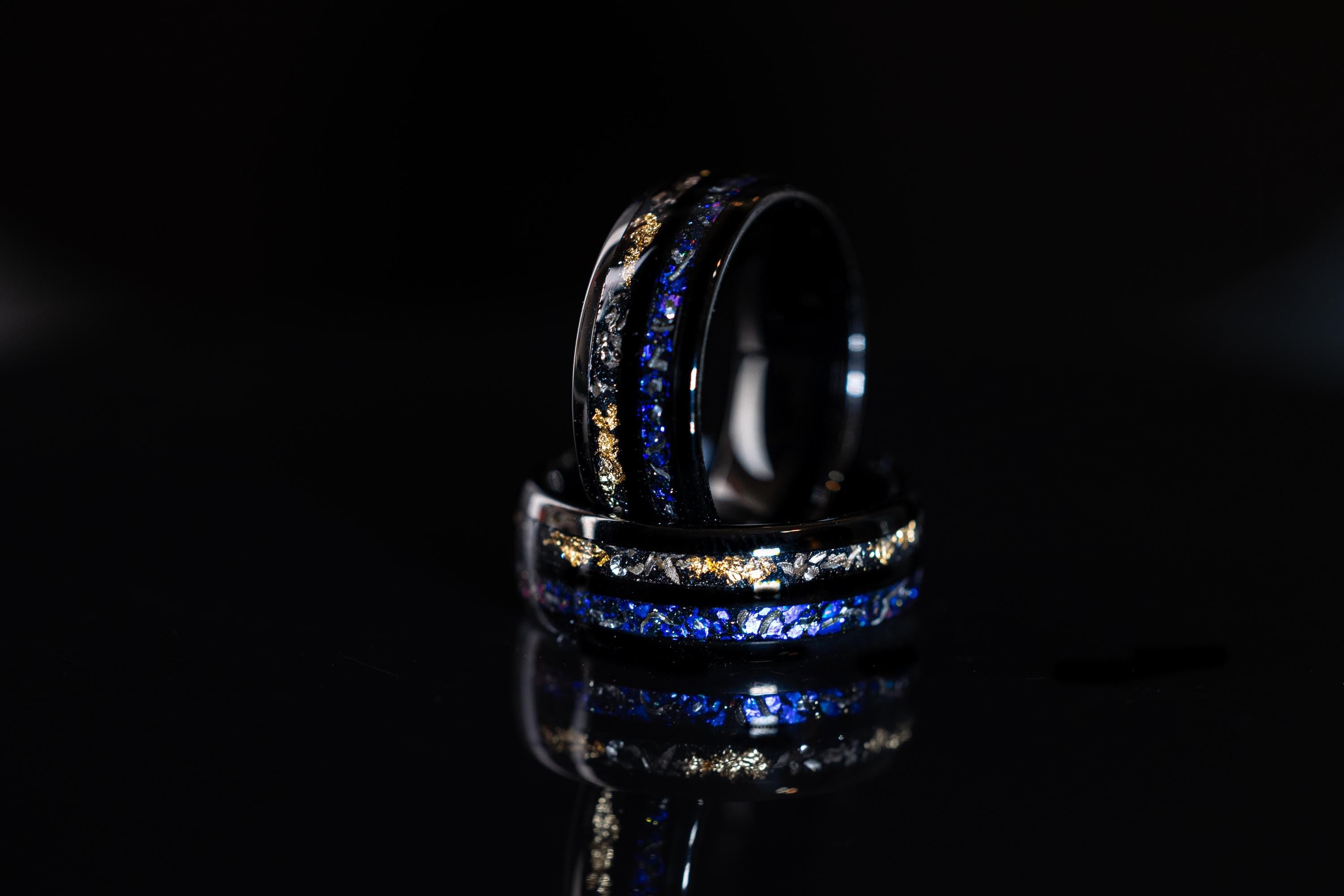 Nebula & Crushed Gold Leaf Couple Set Ring, Tungsten Meteorite Wedding Bands