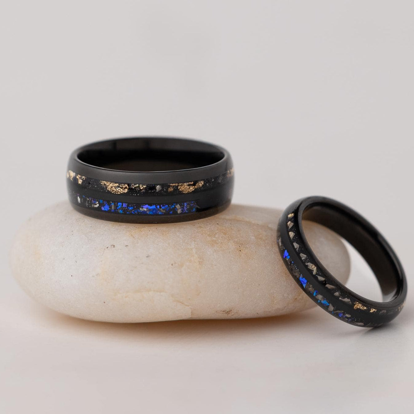 Nebula & Crushed Gold Leaf Couple Set Ring, Tungsten Meteorite Wedding Bands